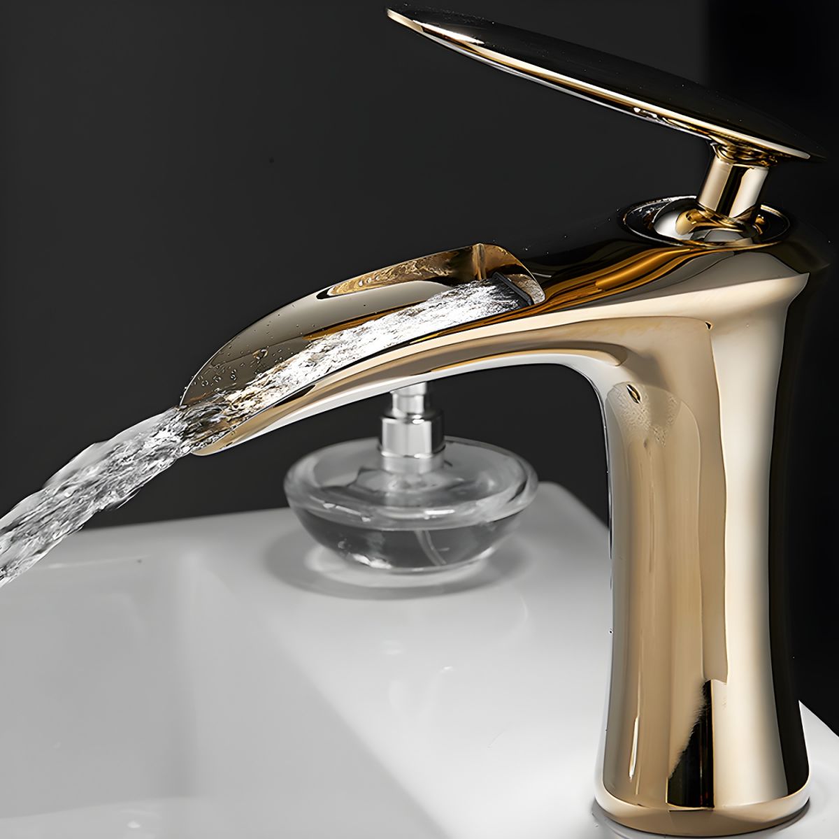 Fjordiec | Modern Low Arc Single Lever Waterfall Spout Bathroom Sink Tap