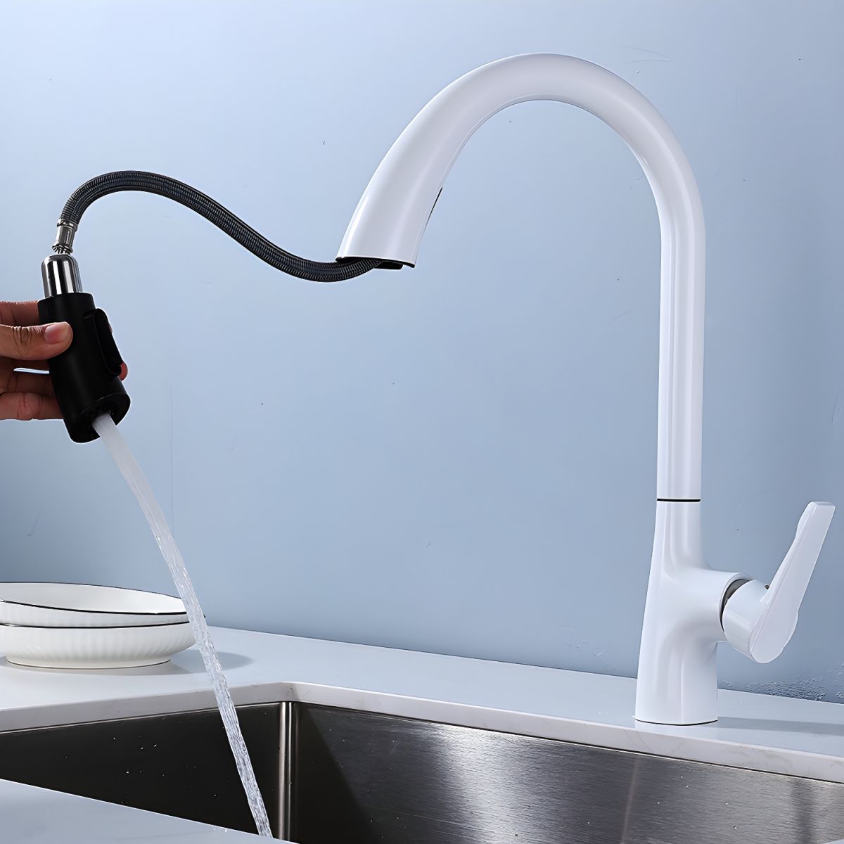 Alvordic | High Arc and Gooseneck Pull Out Spout Kitchen Sink Mixer Tap
