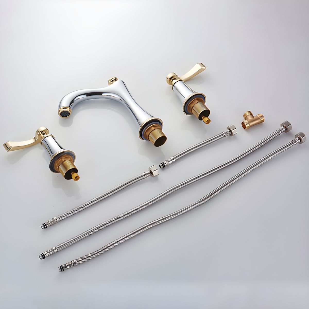 Juvandic | Glam Arched Spout Deck Mounted Widespread Dual Handle Bathroom Sink Tap
