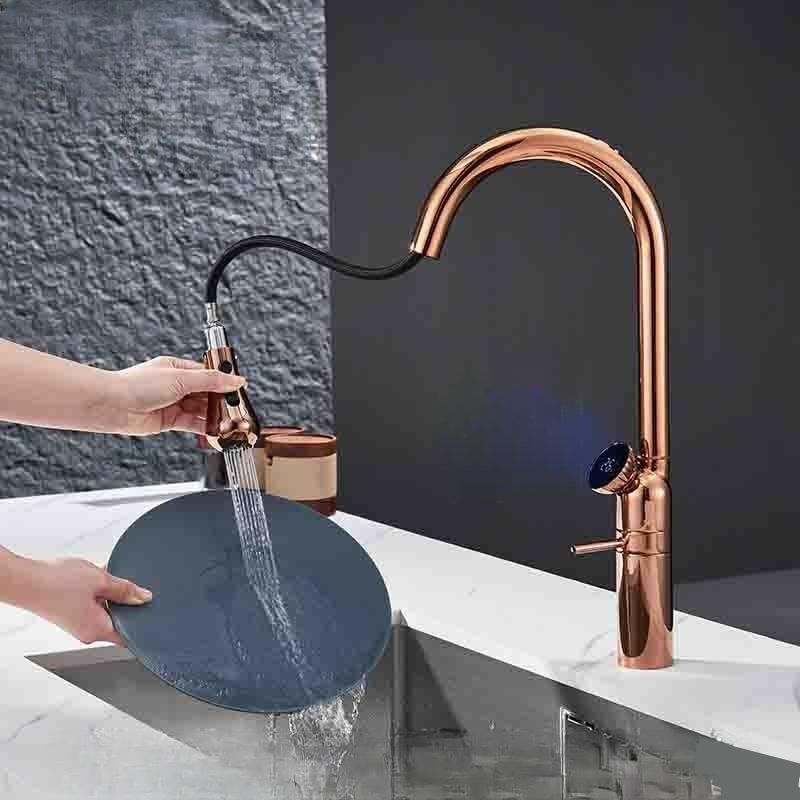 Syltara | Professional Arched Retractable Spout Kitchen Mixer Tap with Temperature Display