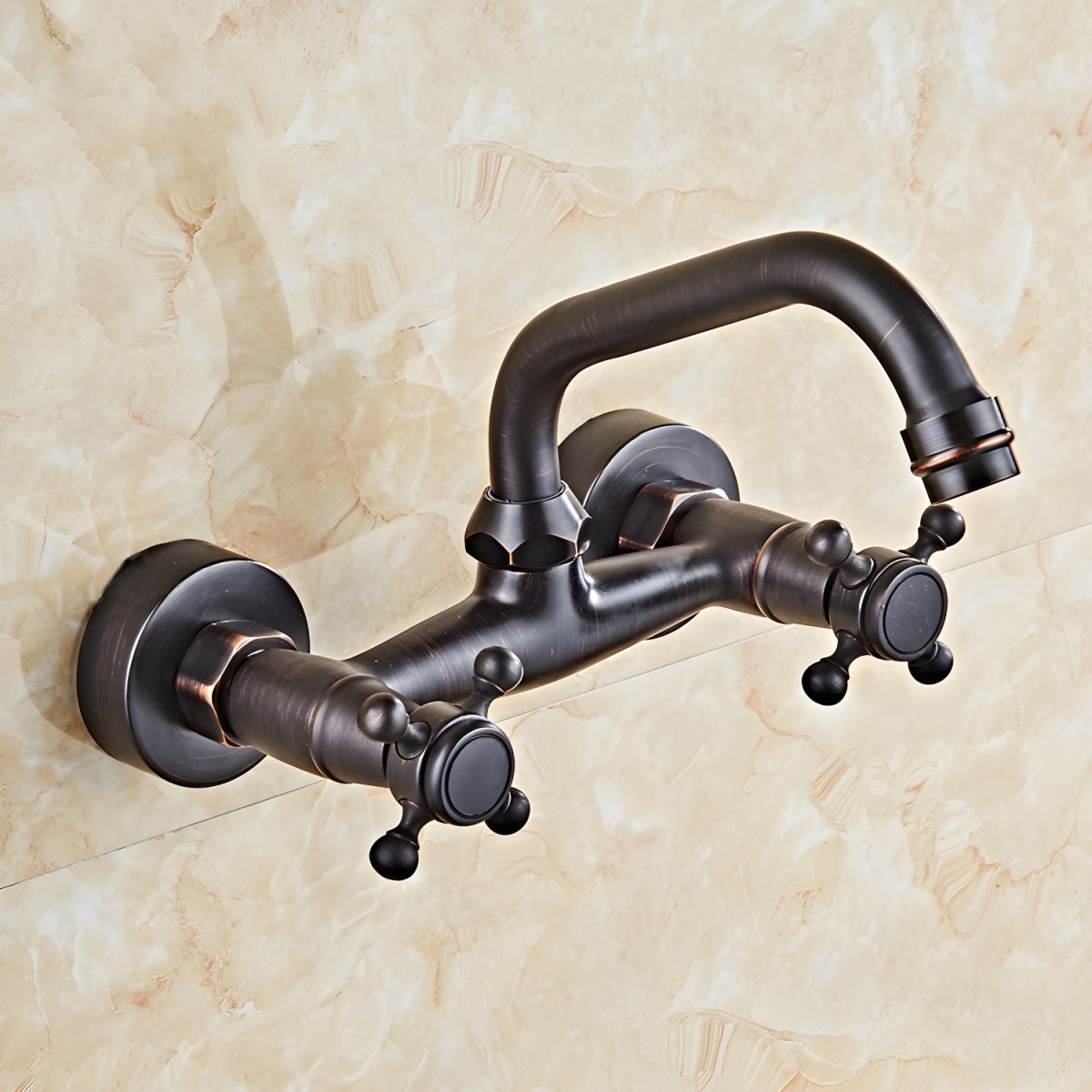 Thalvrik | Rustic Arched Profile Dual Handle Wall Mounted Bathroom Basin Tap