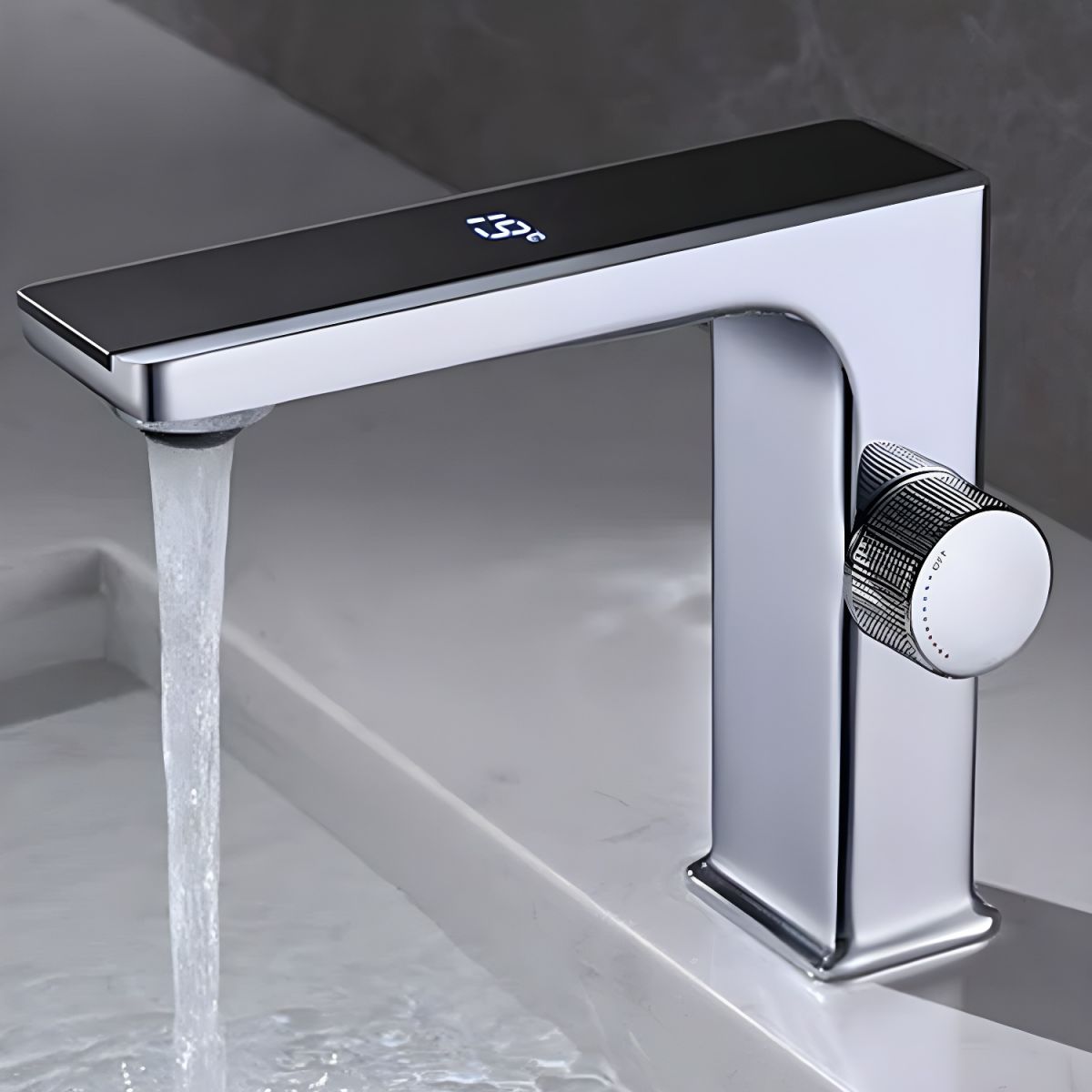 Jovallur | Modern L-Shaped Arched Column Bathroom Sink Tap with Digital Display