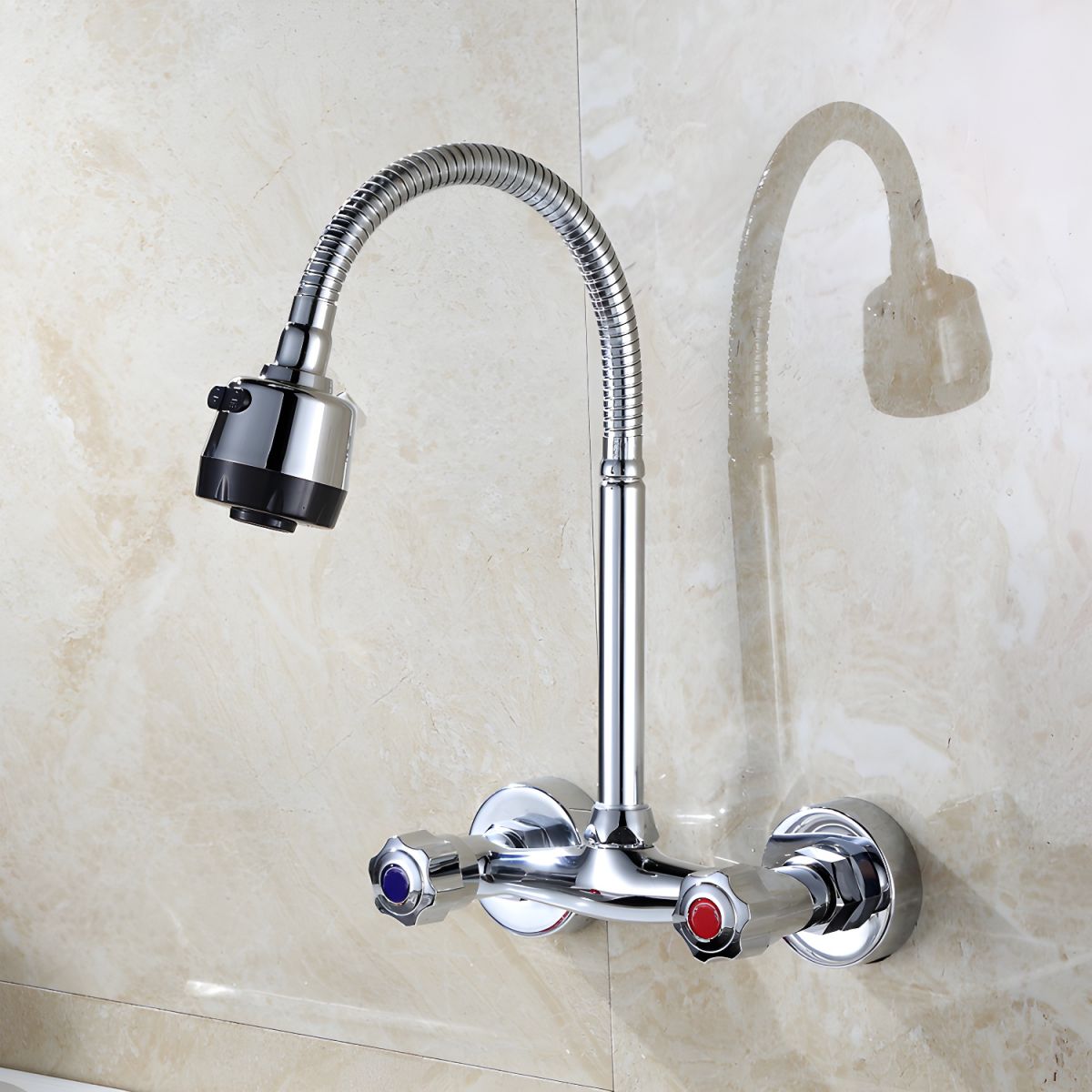Lythrun | Sleek Wall Mounted Swivel Spout Kitchen Sink Tap with Dual Knob Handles
