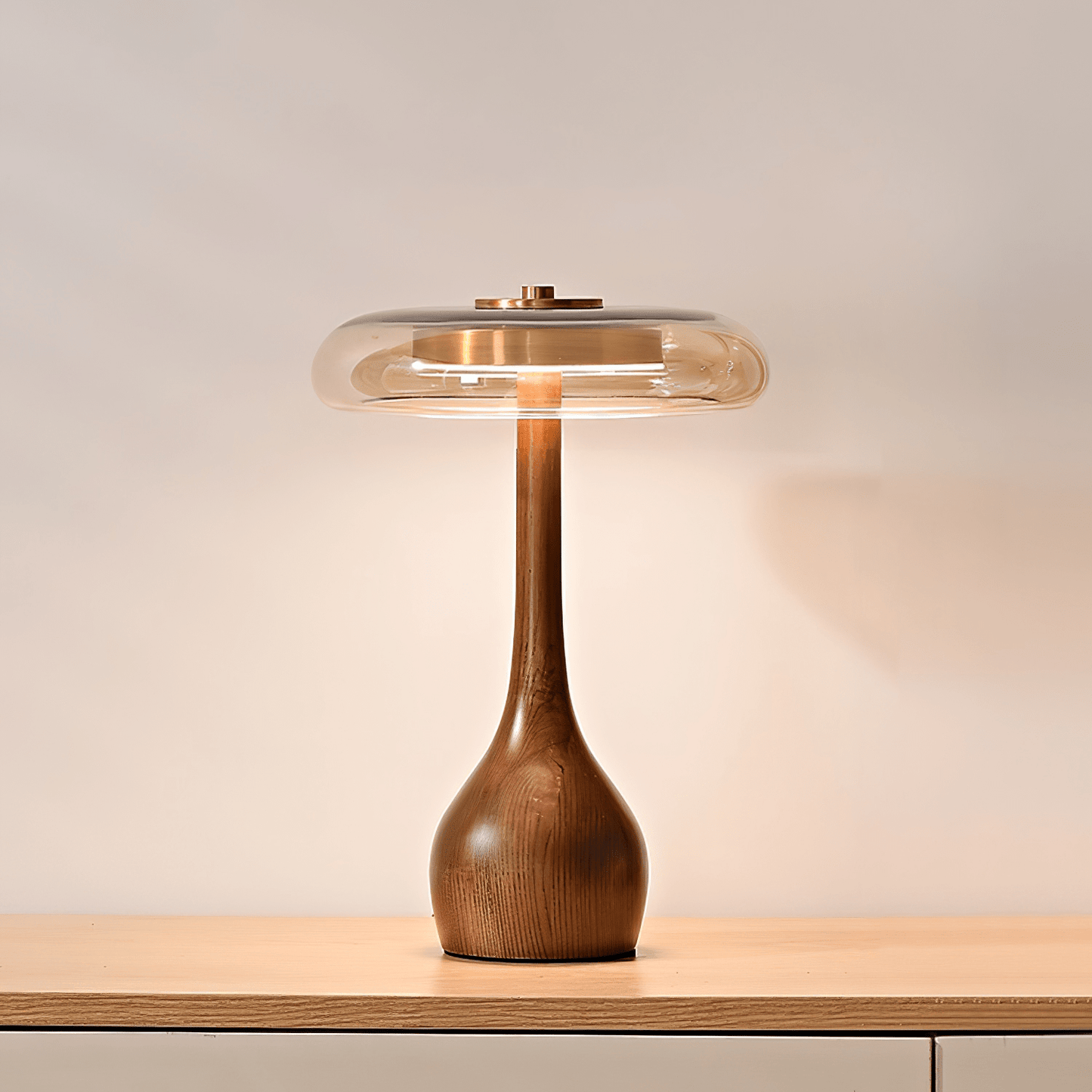 Vancorim | Japandi Curved Wood Amber Glass Table Lamp