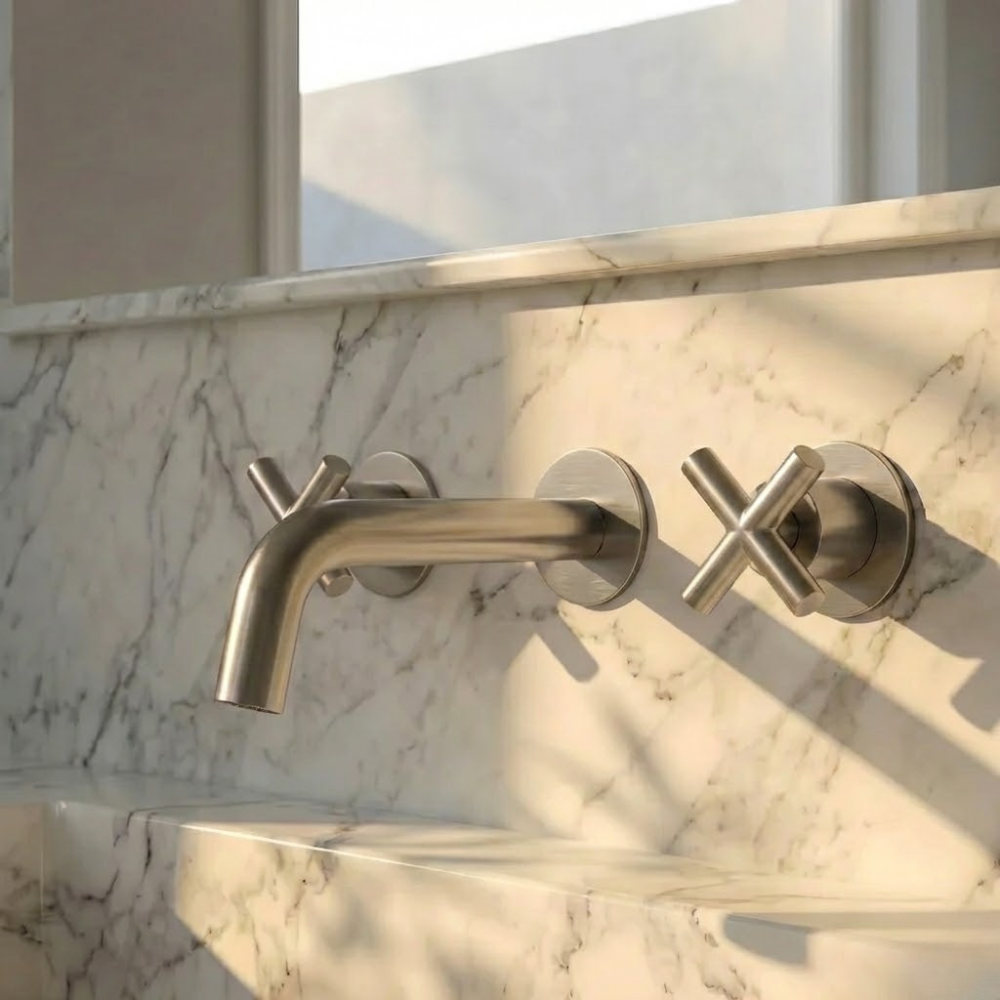 Auraa | Wall Mounted Bathroom Basin Mixer Tap With Twin Crosshead Handles