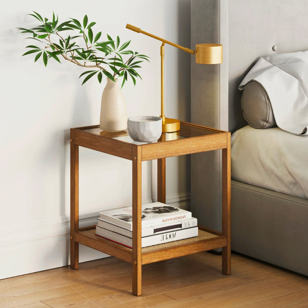 Koda | Wooden Rattan End Table and Nightstand with Glass Top
