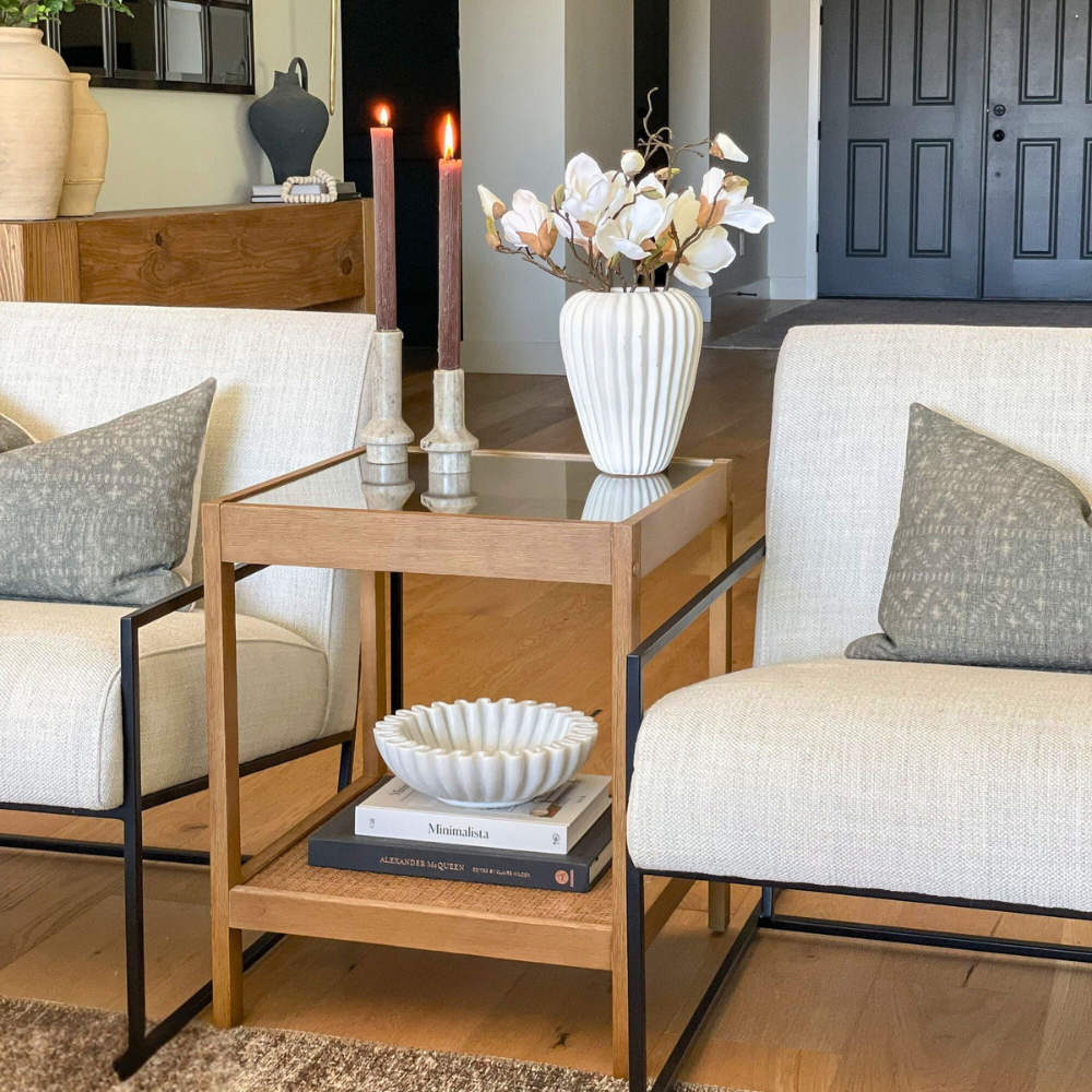 Koda | Wooden Rattan End Table and Nightstand with Glass Top