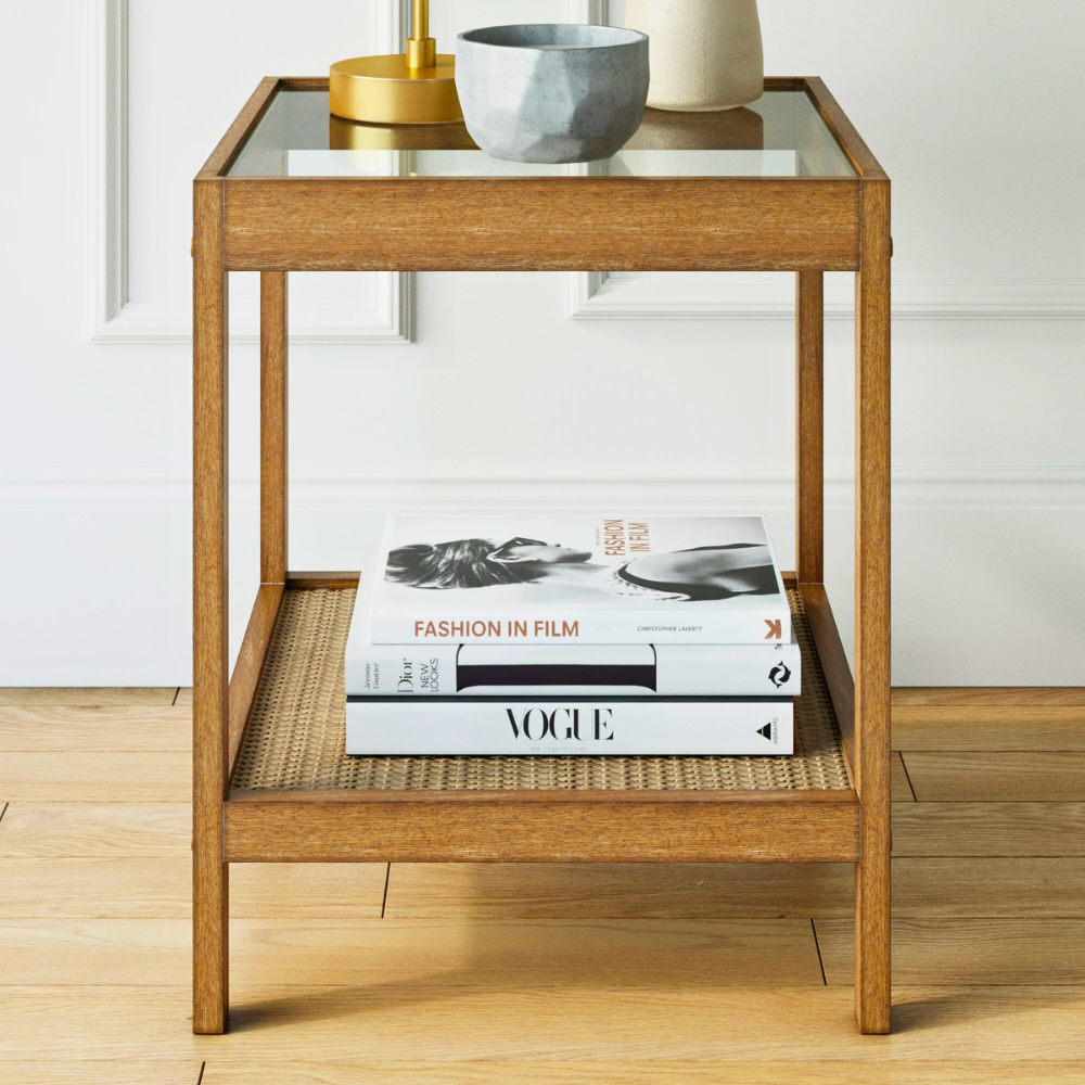Koda | Wooden Rattan End Table and Nightstand with Glass Top