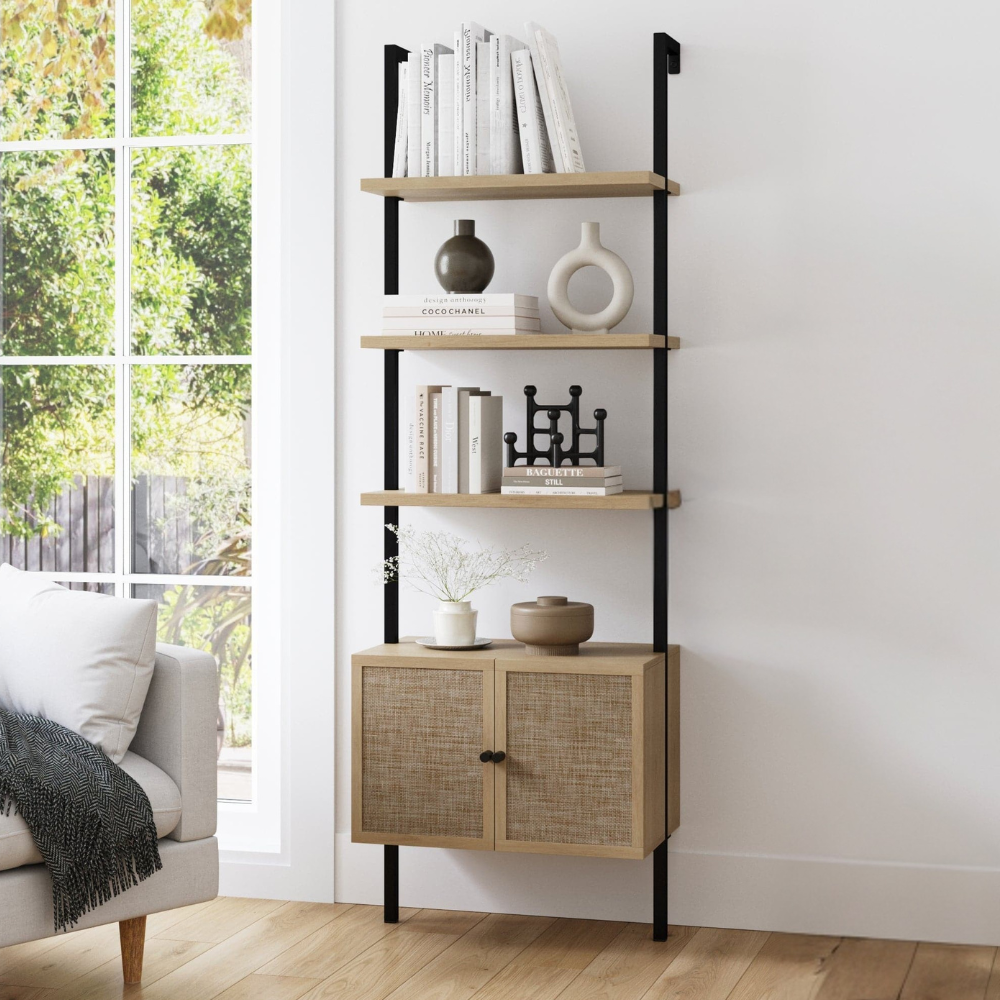 Zenith | Modern Ladder Bookshelf And Rattan Door Storage Cabinet with Wood Shelves