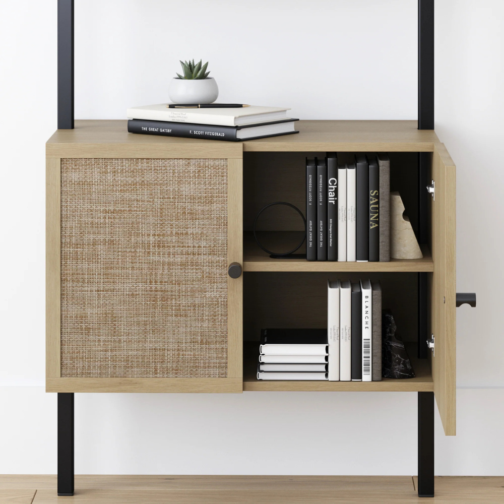 Zenith | Modern Ladder Bookshelf And Rattan Door Storage Cabinet with Wood Shelves