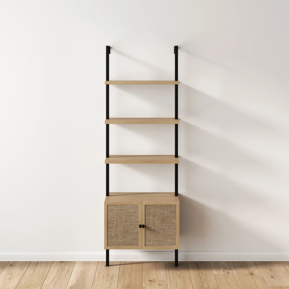 Zenith | Modern Ladder Bookshelf And Rattan Door Storage Cabinet with Wood Shelves