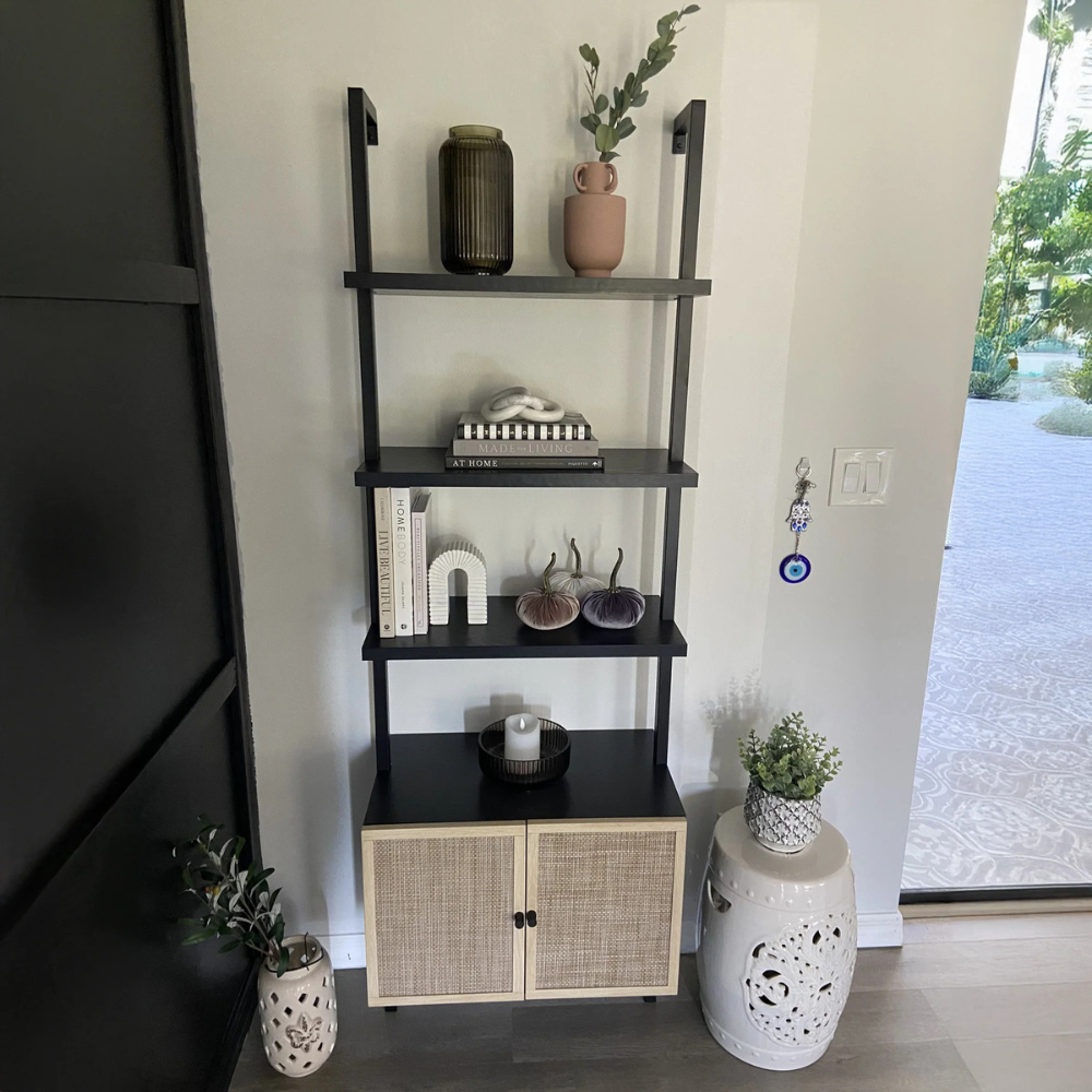 Zenith | Modern Ladder Bookshelf And Rattan Door Storage Cabinet with Wood Shelves