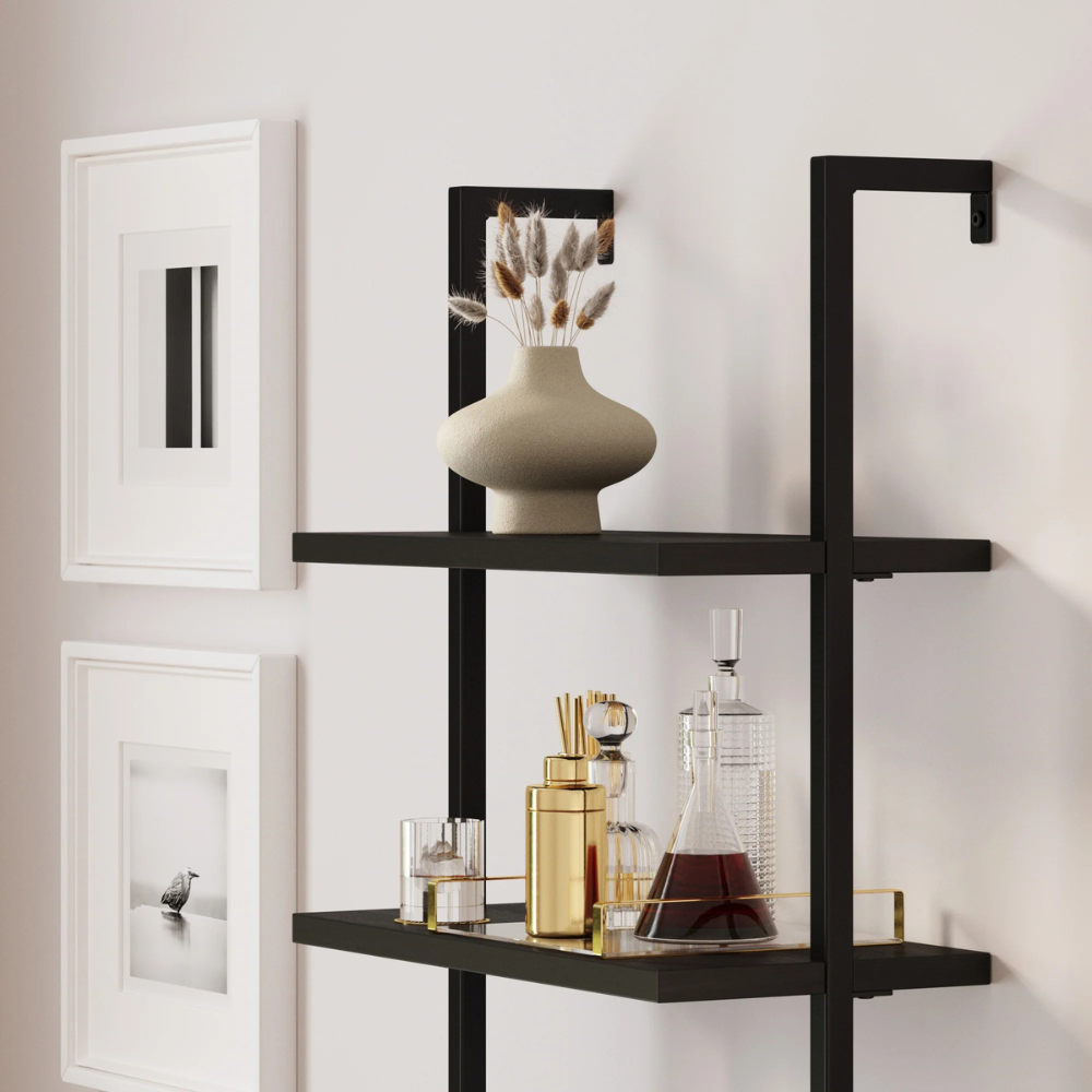 Zenith | Modern Ladder Bookshelf And Rattan Door Storage Cabinet with Wood Shelves