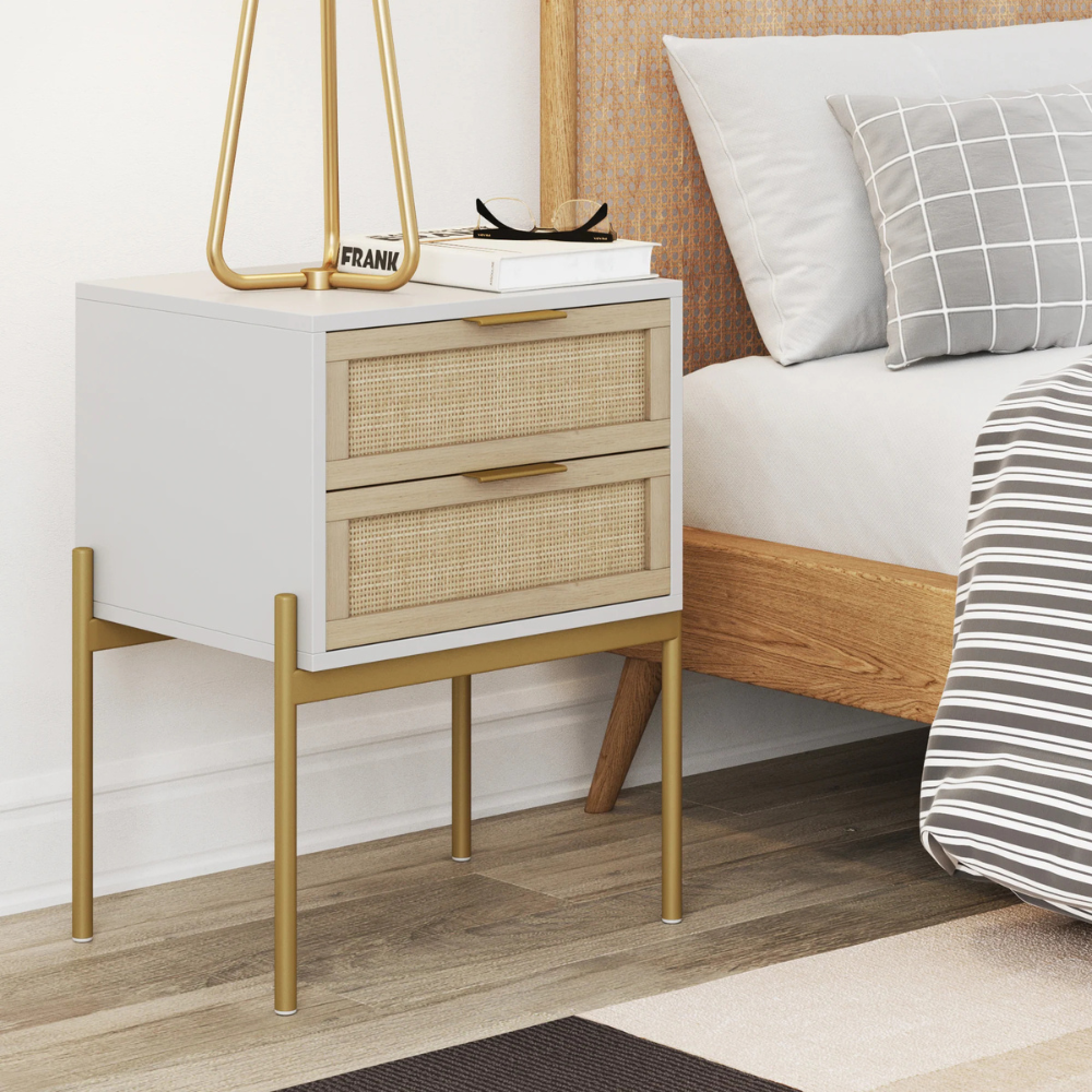 Lucca | Two Drawer Rattan End Table And Storage Cabinet Nightstand