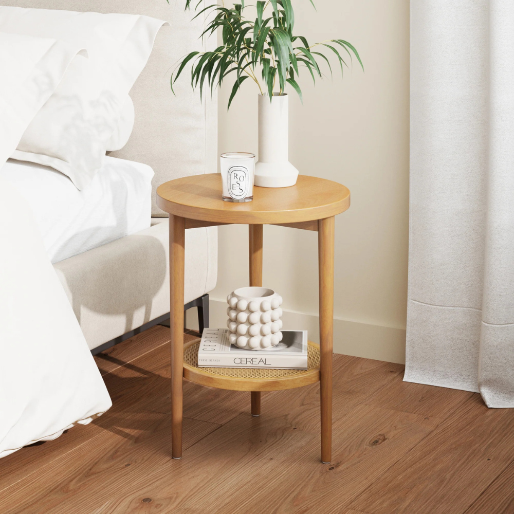 Luna | Round Solid Wood End Table With Woven Rattan Shelf