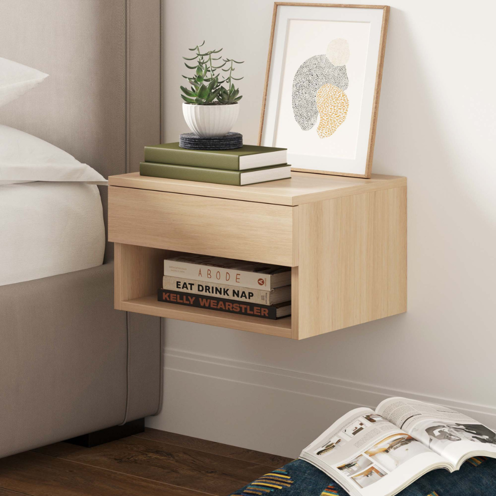 Orio | Wall Mounted Floating Nightstand With Storage Drawer and Open Cubby