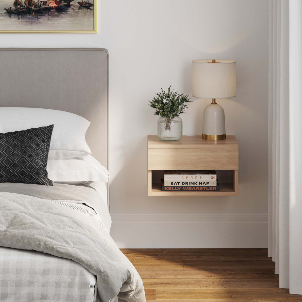 Orio | Wall Mounted Floating Nightstand With Storage Drawer and Open Cubby
