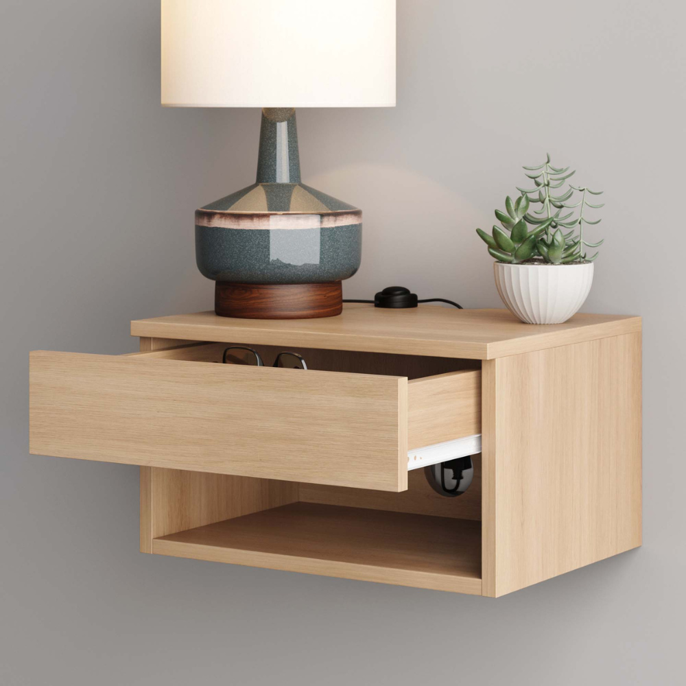 Orio | Wall Mounted Floating Nightstand With Storage Drawer and Open Cubby