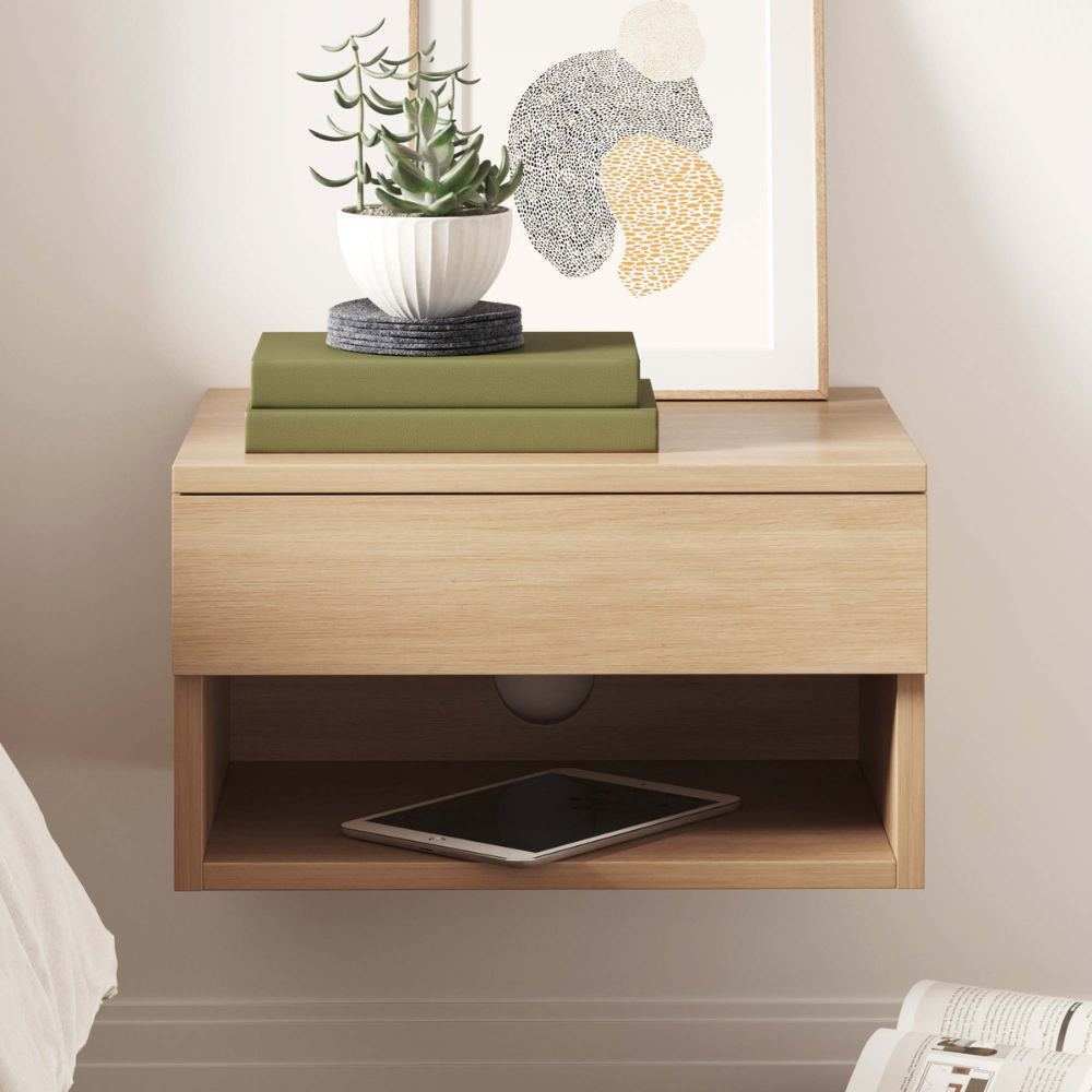 Orio | Wall Mounted Floating Nightstand With Storage Drawer and Open Cubby