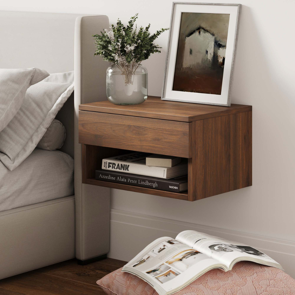 Orio | Wall Mounted Floating Nightstand With Storage Drawer and Open Cubby