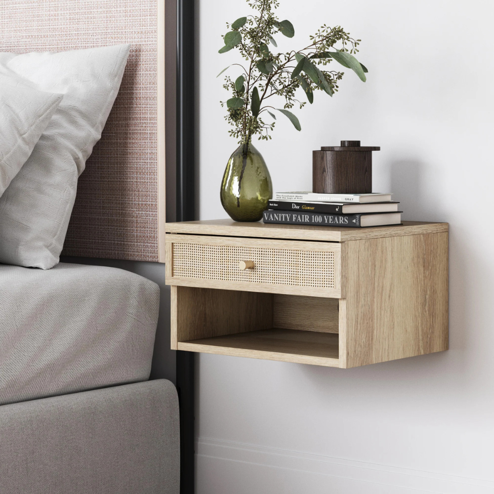 Orio | Wall Mounted Floating Nightstand With Storage Drawer and Open Cubby