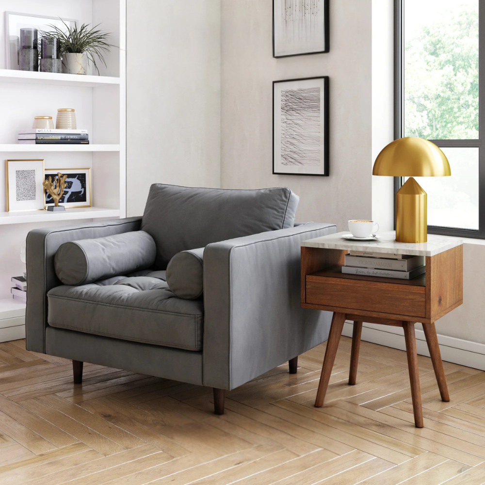 Vallo | Mid Century Marble Top Nightstand And Wood End Table