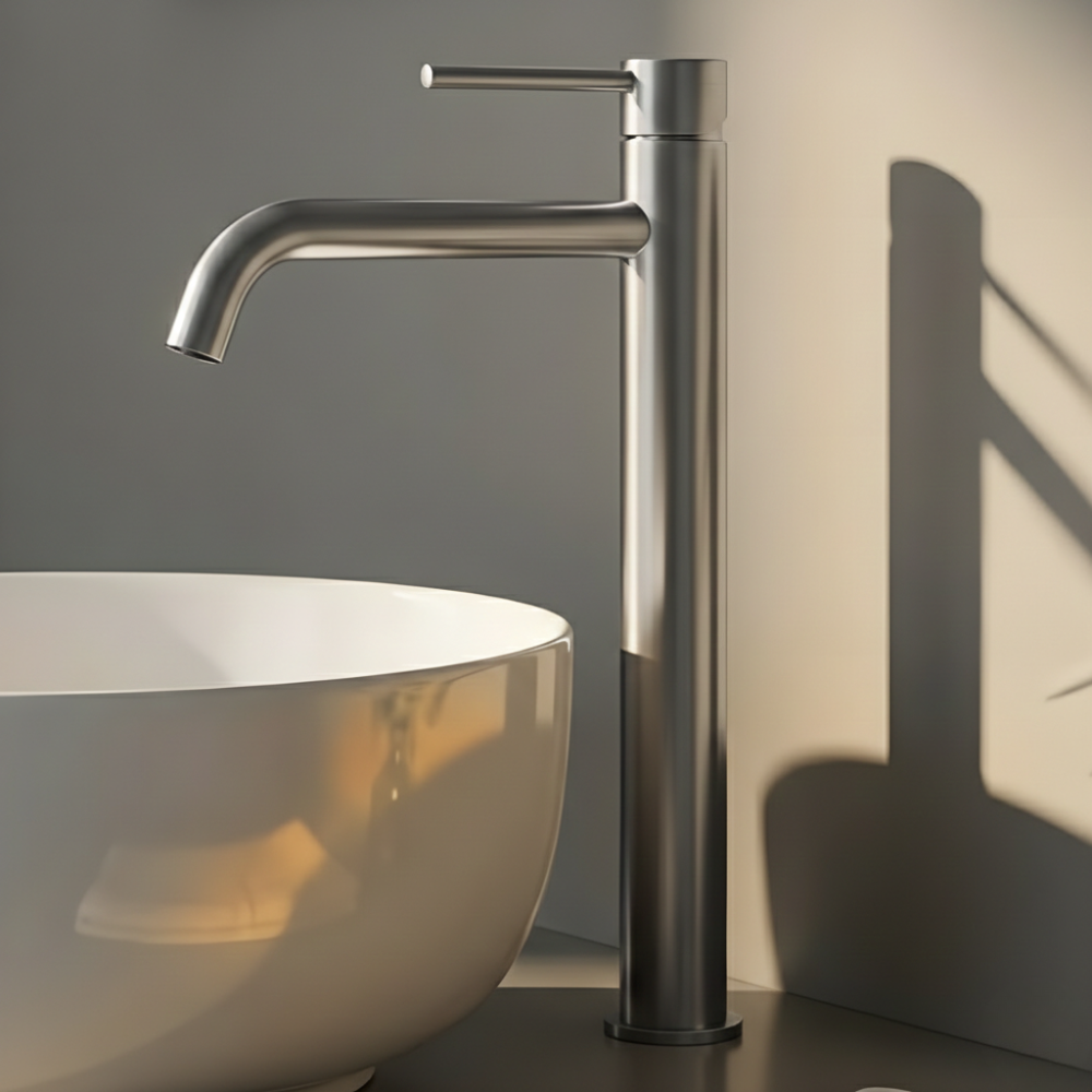 Vela | Modern Tall Bathroom Basin Mixer Tap with Curved Spout