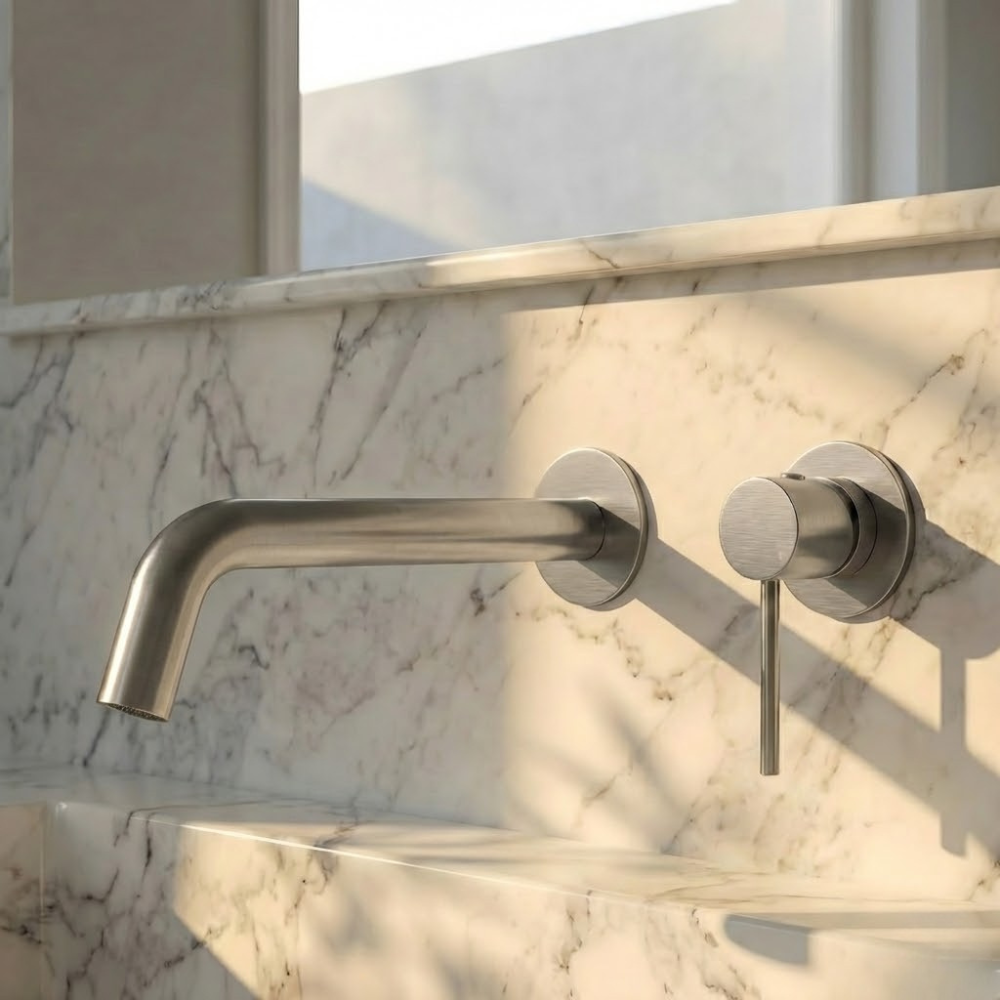 Alta | Modern Wall Mounted Bathroom Basin Mixer Tap with Curved Spout