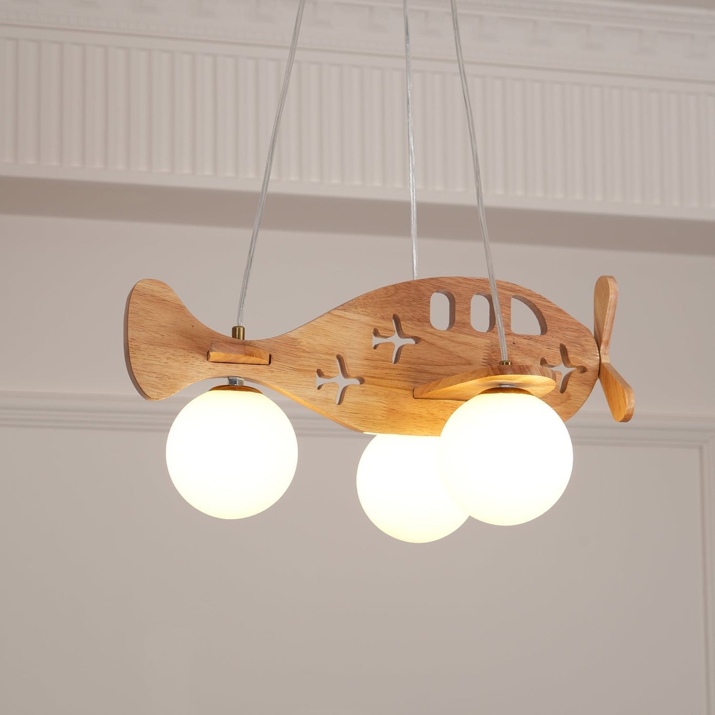 Tethelis | Airplane Shaped Timber Artful Glass Globe Pendant Light