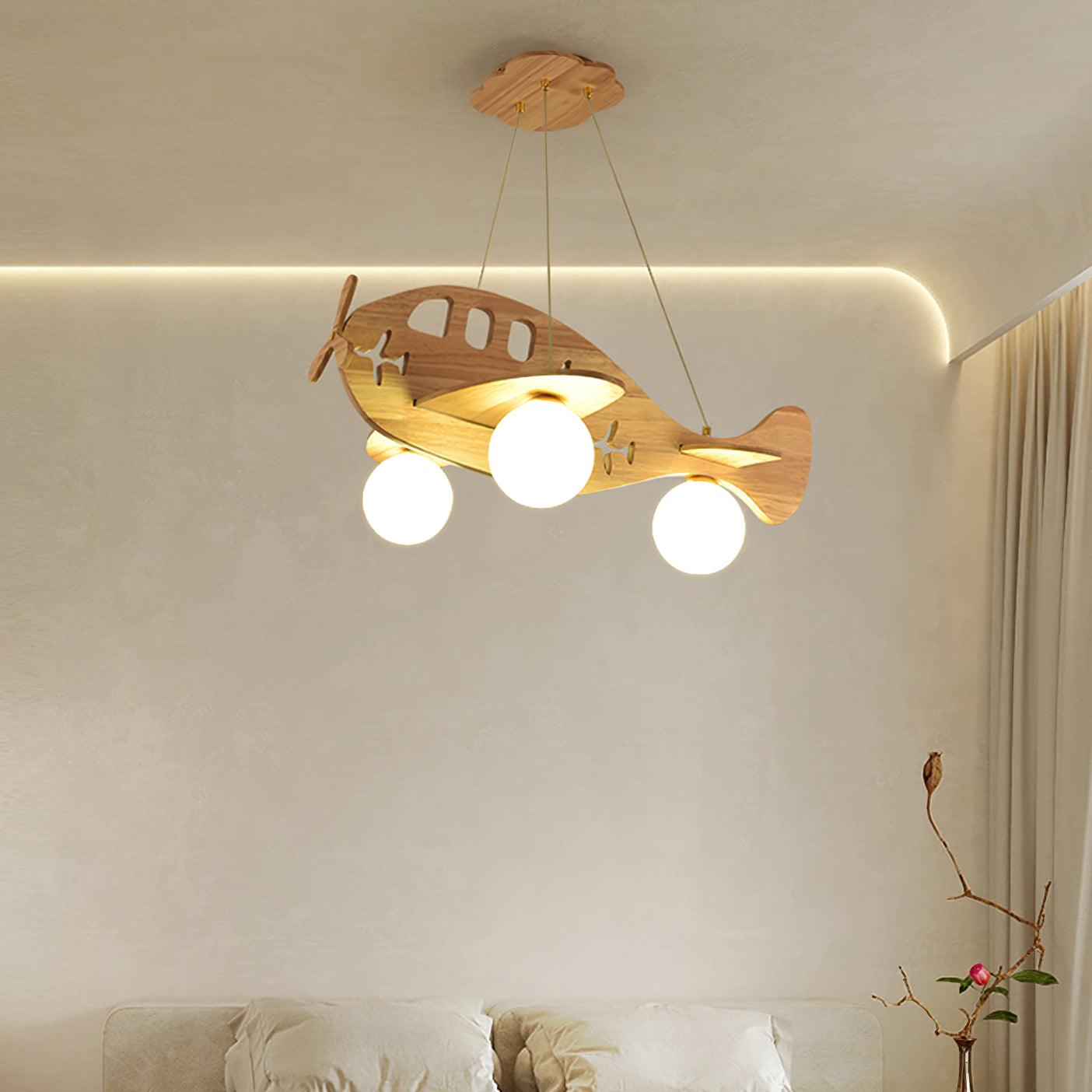 Tethelis | Airplane Shaped Timber Artful Glass Globe Pendant Light