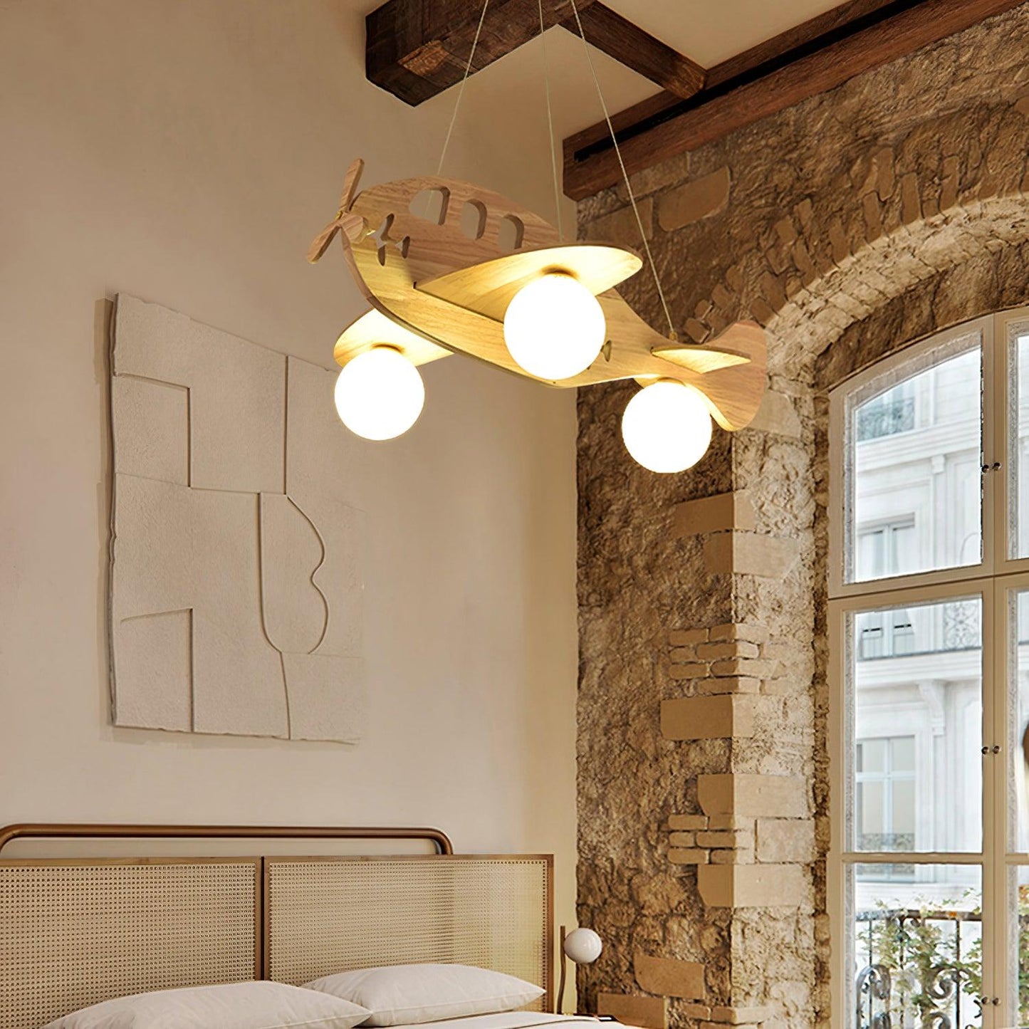 Tethelis | Airplane Shaped Timber Artful Glass Globe Pendant Light