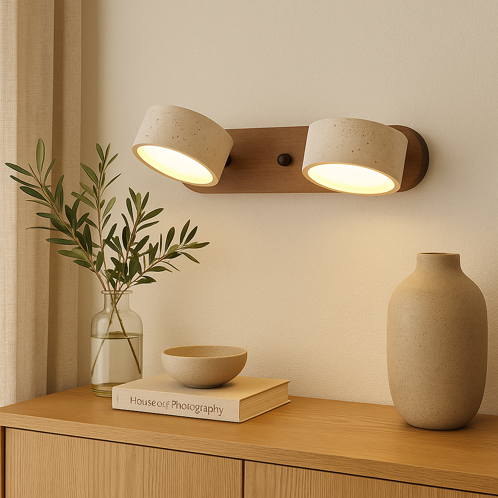 Calcera | Modern Natural Travertine Stone And Wood Wall Light