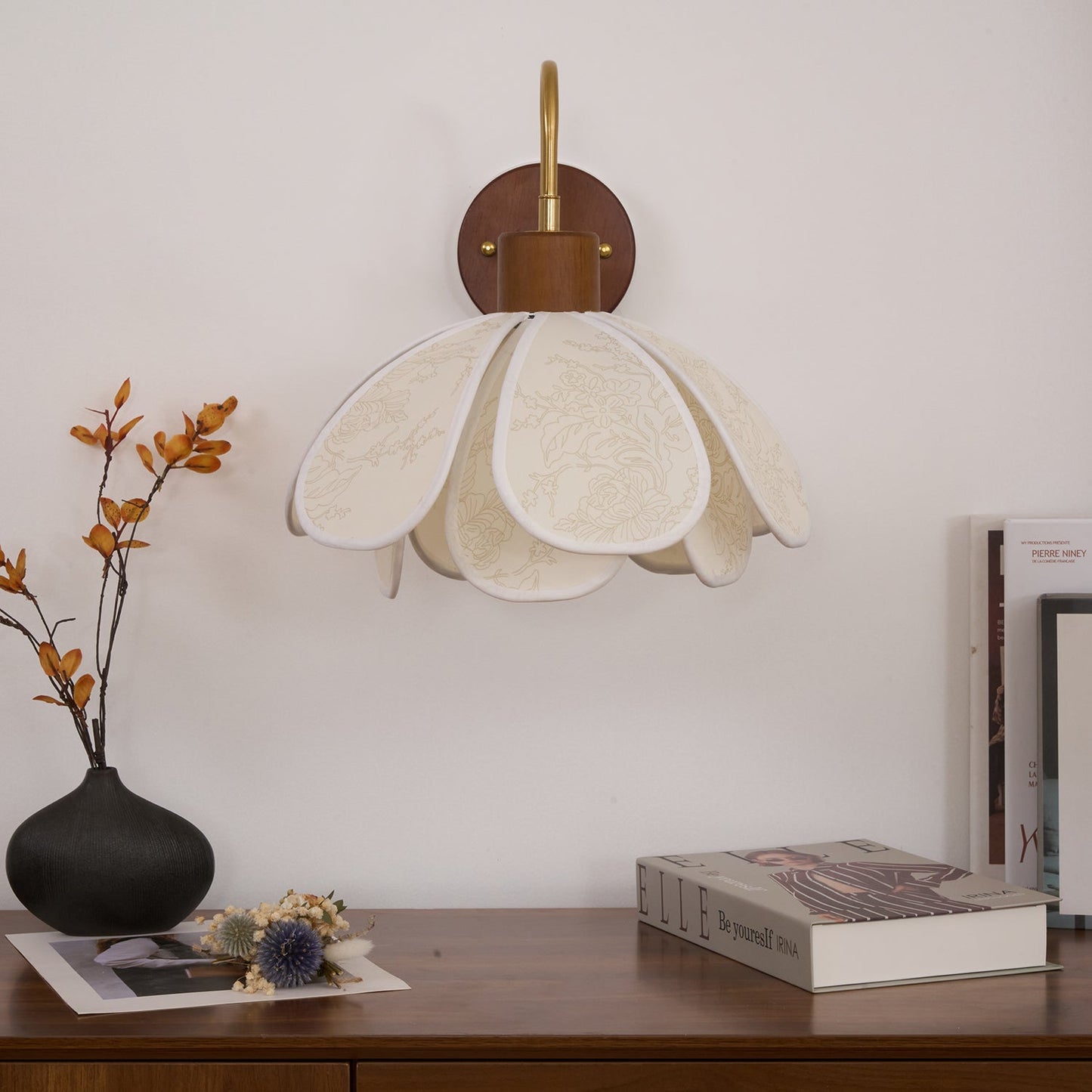Thalix | Sculptural Floral Petal Wood Fabric Wall Light