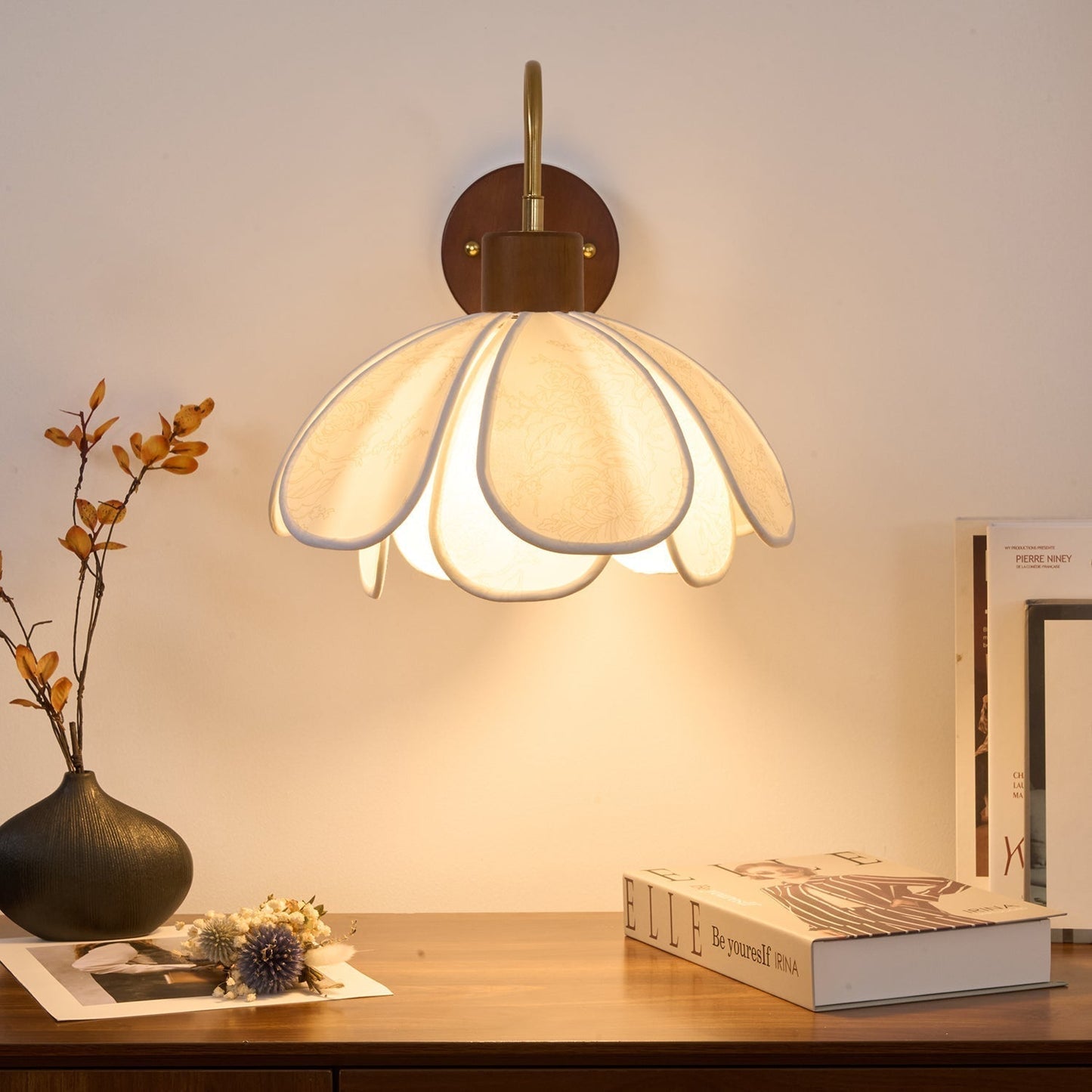 Thalix | Sculptural Floral Petal Wood Fabric Wall Light