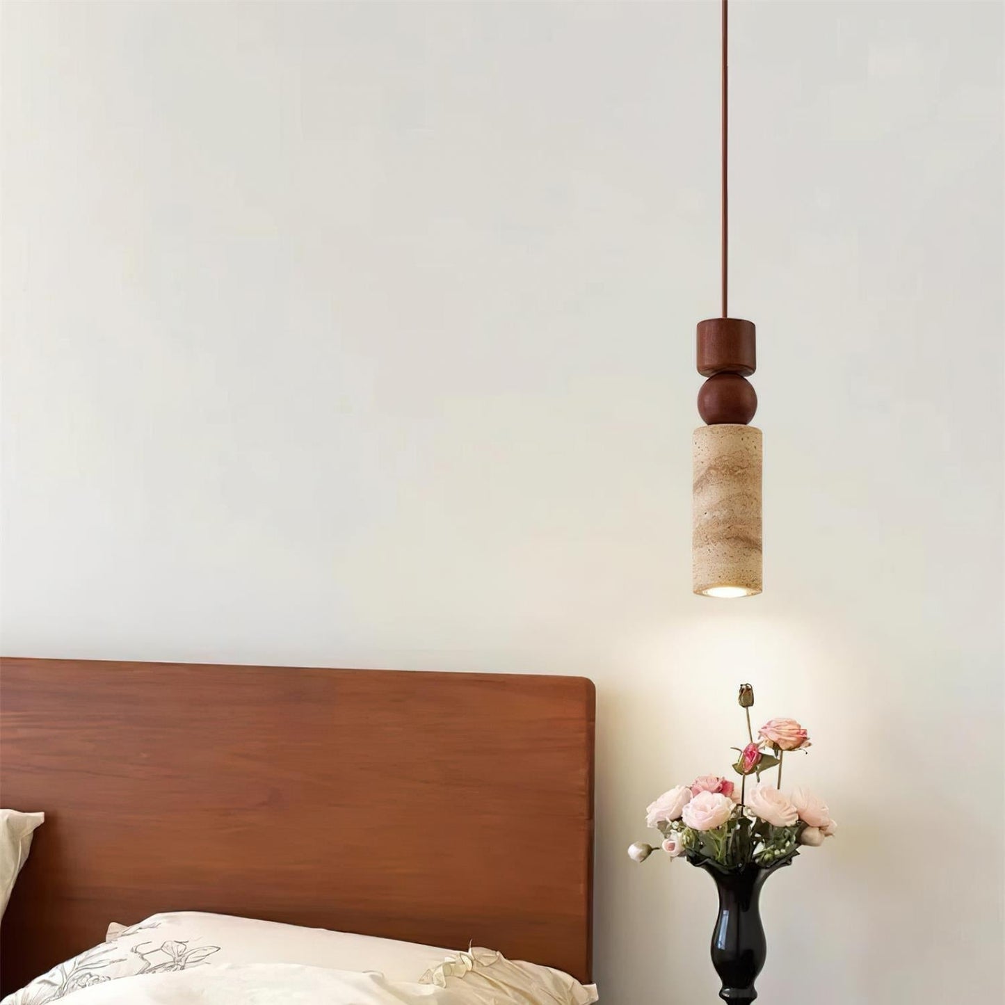Elvara | Minimalist Nordic Travertine Wood Column Pendant Light