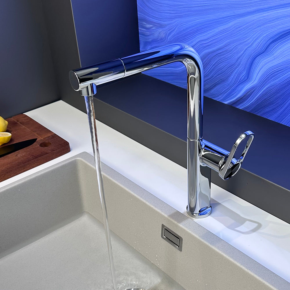 Lindvarek | Elegant L-Shaped Pull Out Kitchen Sink Mixer Tap with Retractable Swivel Spout