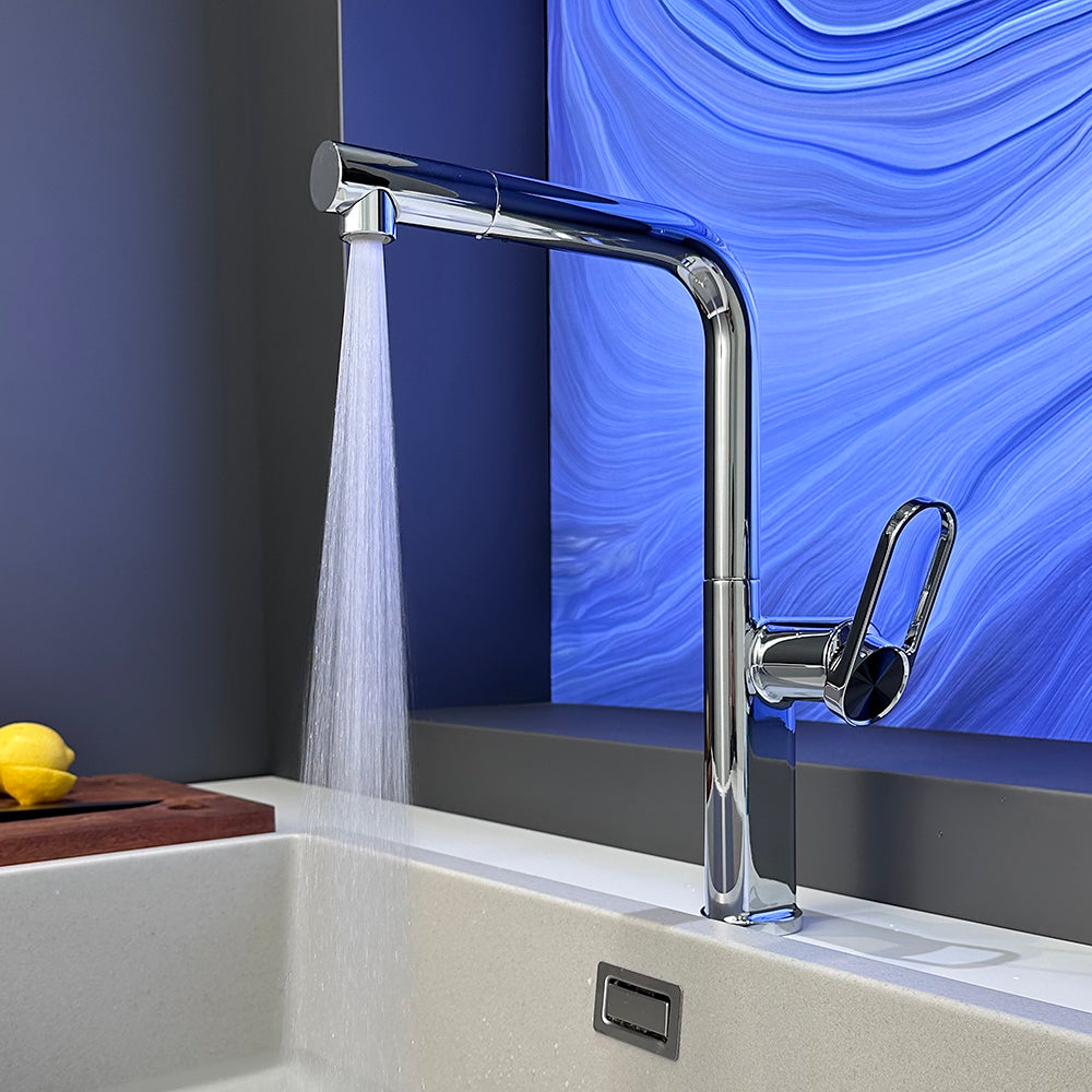 Lindvarek | Elegant L-Shaped Pull Out Kitchen Sink Mixer Tap with Retractable Swivel Spout