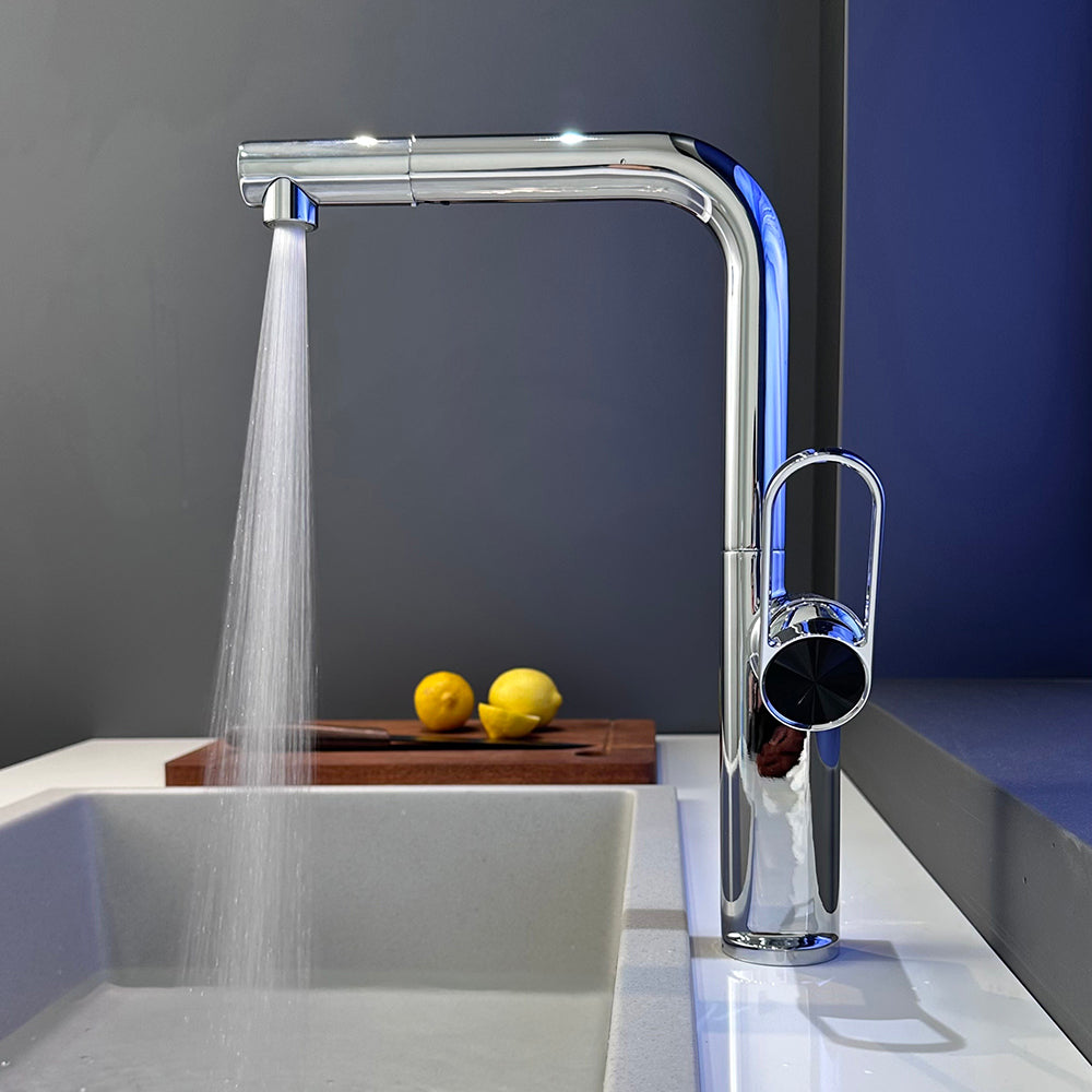 Lindvarek | Elegant L-Shaped Pull Out Kitchen Sink Mixer Tap with Retractable Swivel Spout