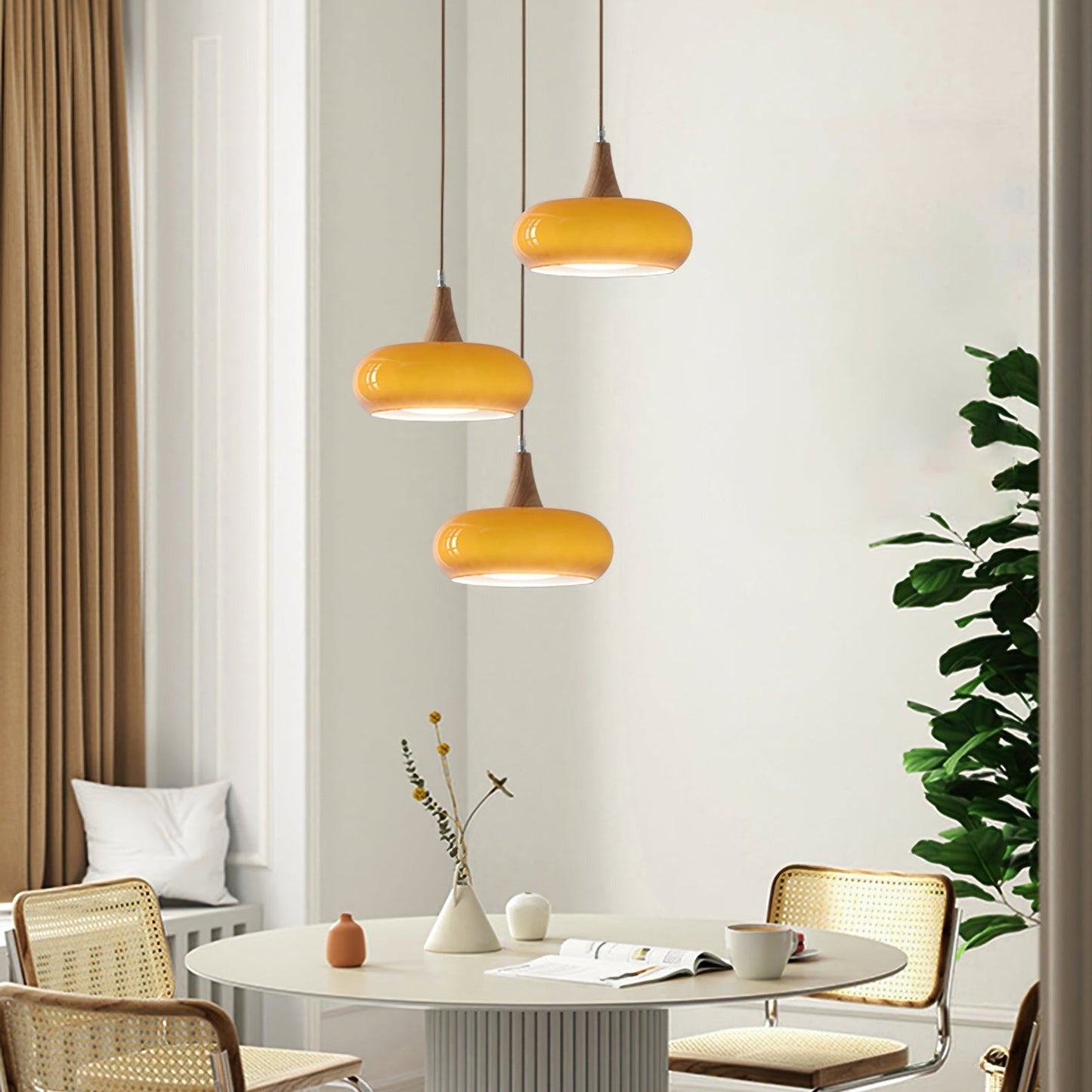 Charlotte | Mid Century Wood and Amber Glass Pendant Light