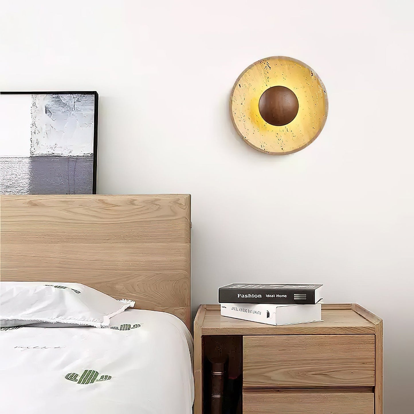 Solvintra | Sculptural Travertine Halo Stone Wooden Wall Light
