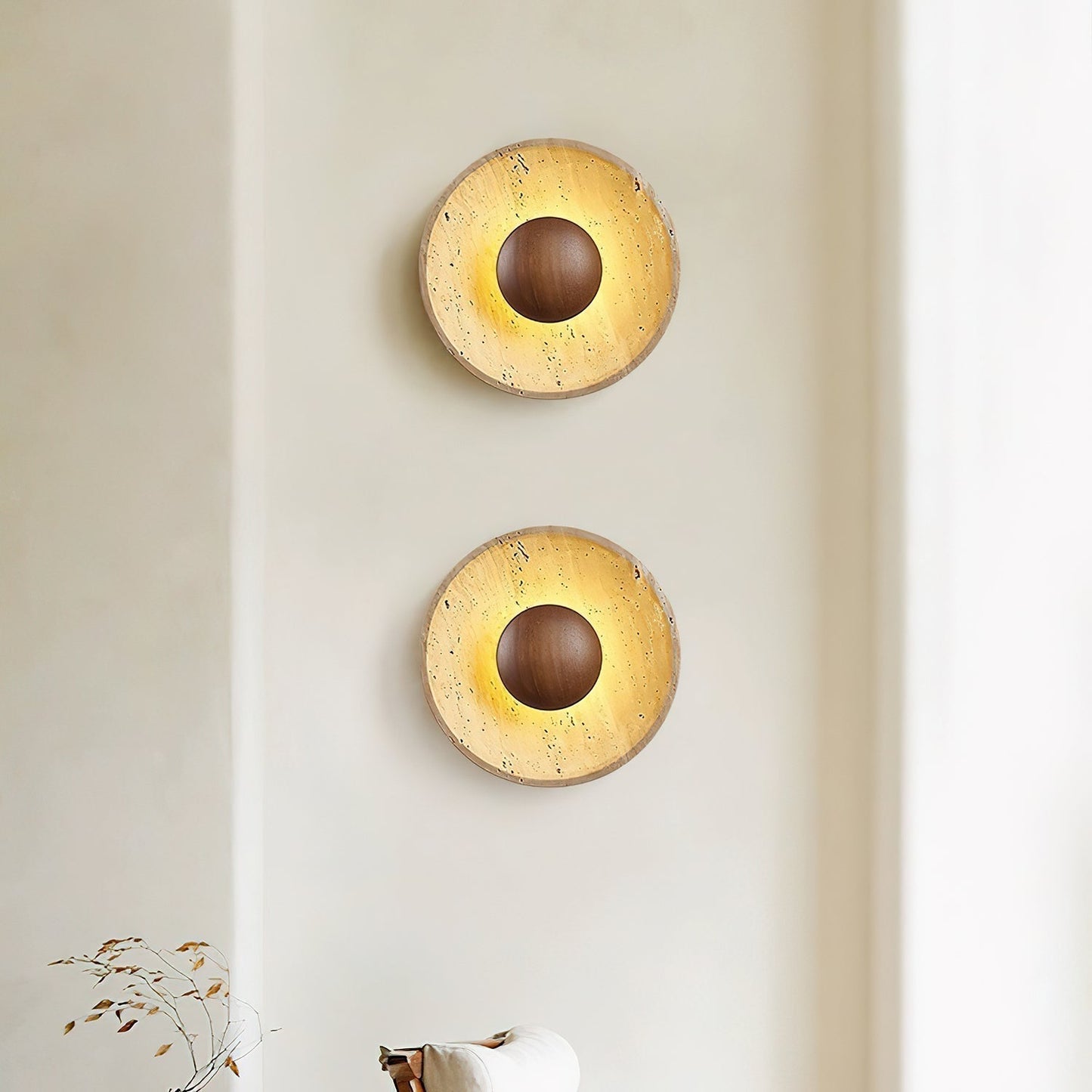 Solvintra | Sculptural Travertine Halo Stone Wooden Wall Light