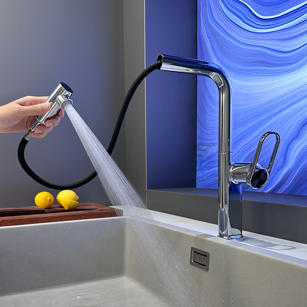 Lindvarek | Elegant L-Shaped Pull Out Kitchen Sink Mixer Tap with Retractable Swivel Spout
