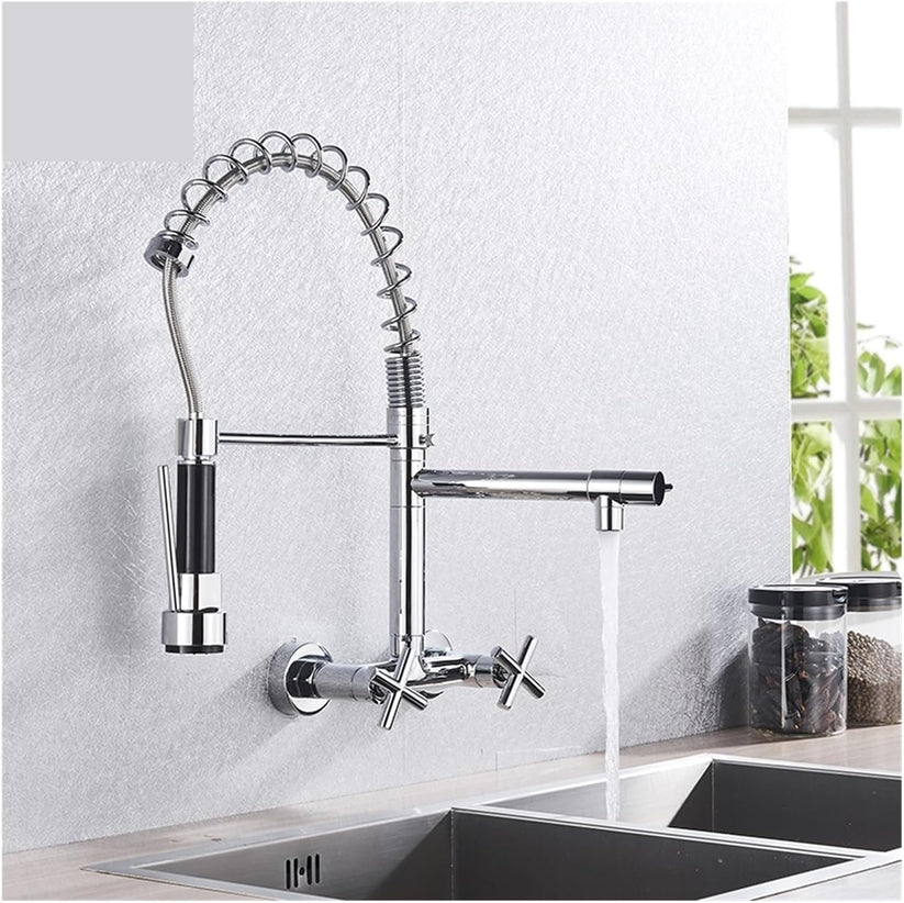 Luxvarke | Industrial Wall Mounted Spring Neck Pull Out Kitchen Mixer Tap with 2 Faucet Holes