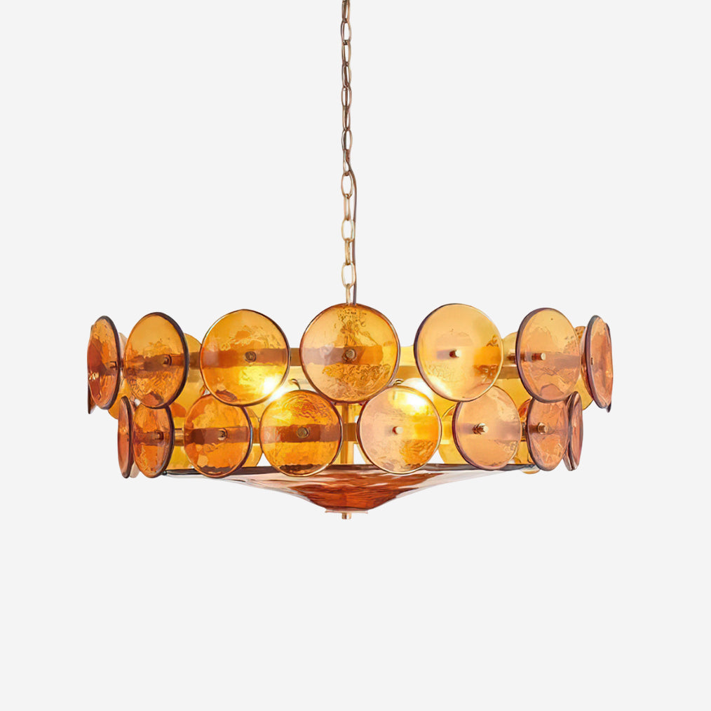 Karys | Elegant Tiered Round Amber Glass Drum Chandelier