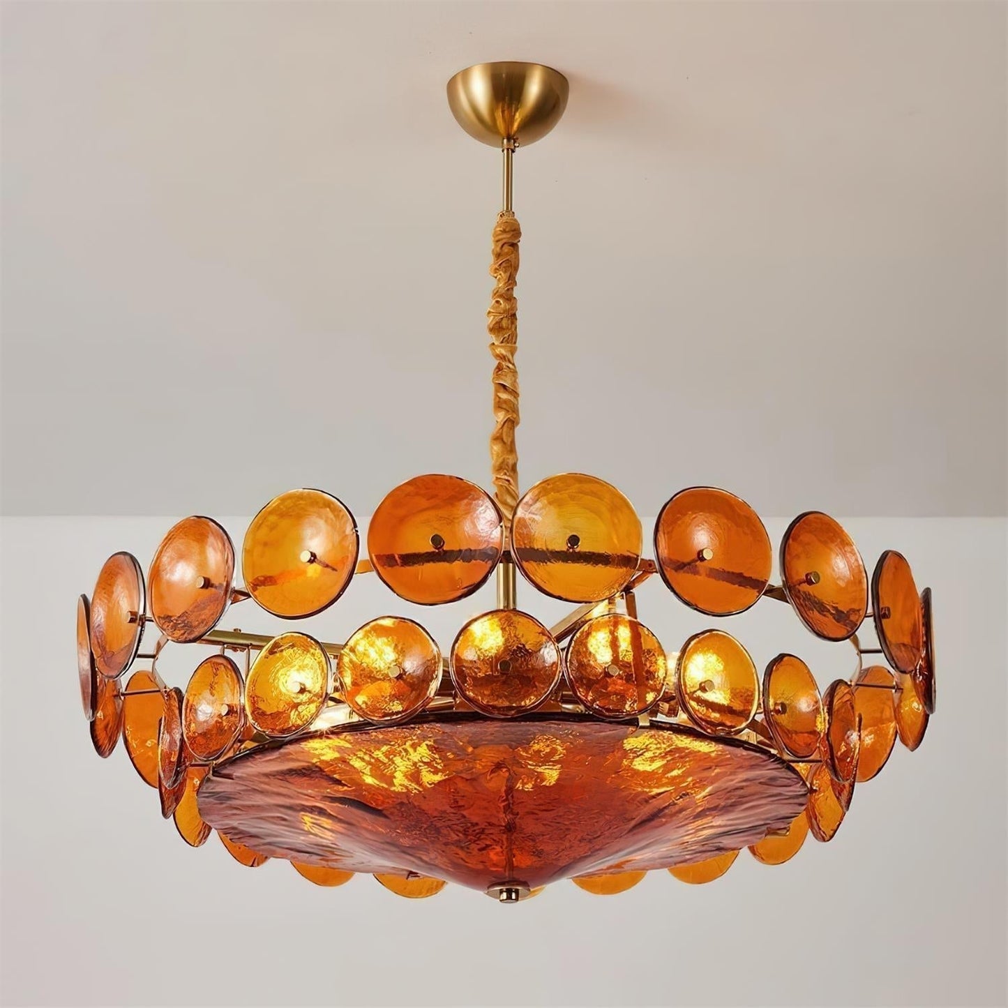 Karys | Elegant Tiered Round Amber Glass Drum Chandelier