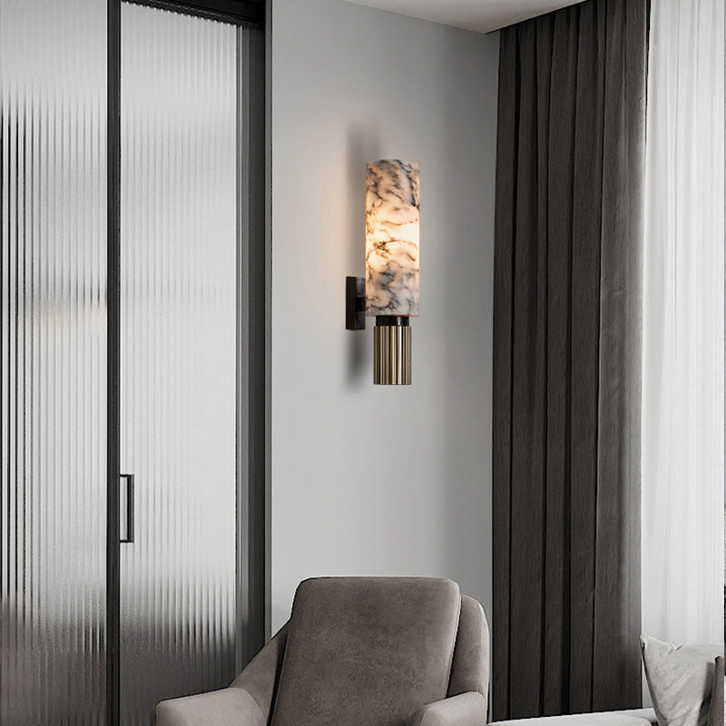 Nirree | Modern Marble And Copper Stone Cylinder Wall Light