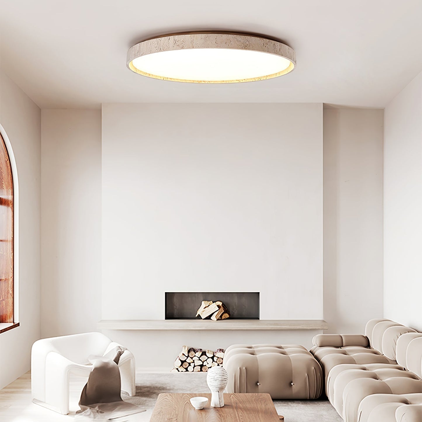 Aeristhos | Minimalist Hand Carved Round Travertine Stone Ceiling Light