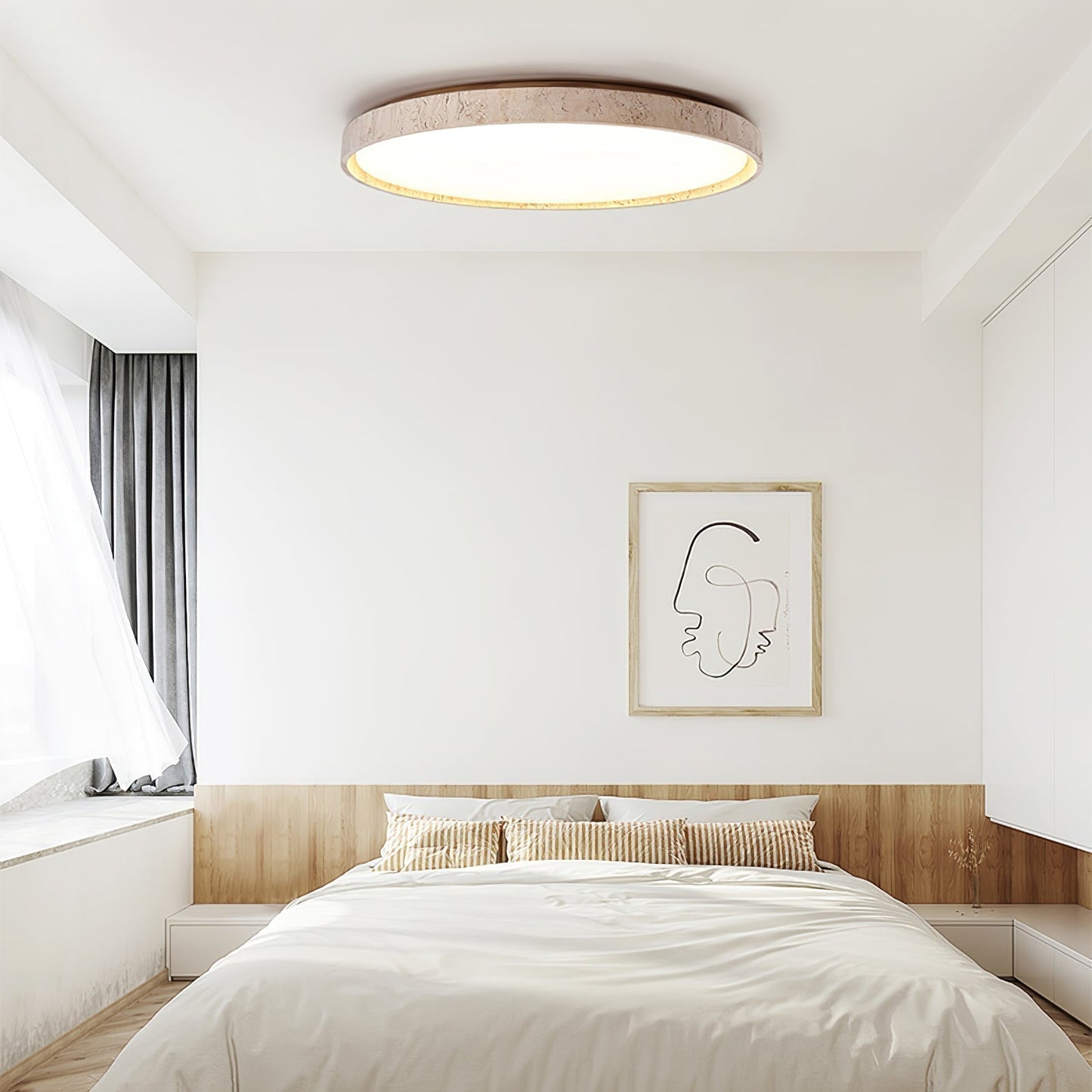 Aeristhos | Minimalist Hand Carved Round Travertine Stone Ceiling Light