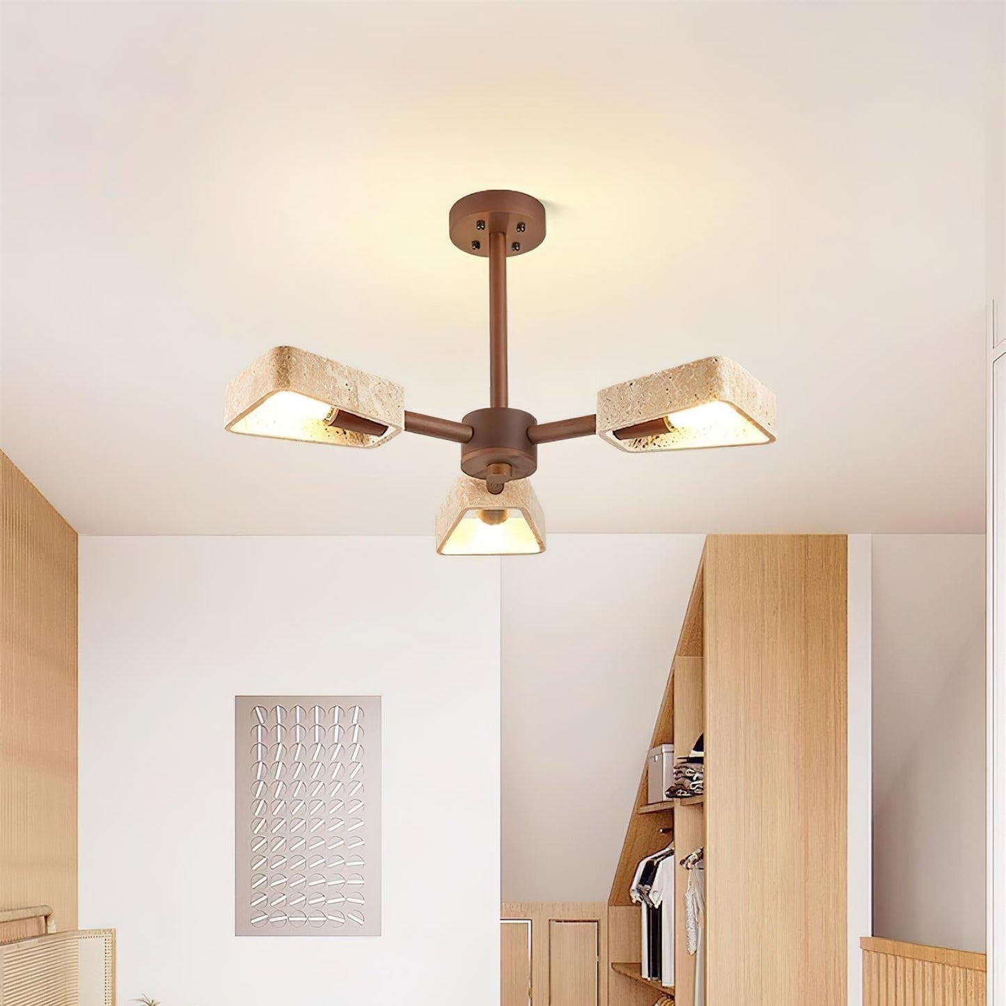 Calidris | Natural Travertine Stone Fan Silhouette Wood Chandelier