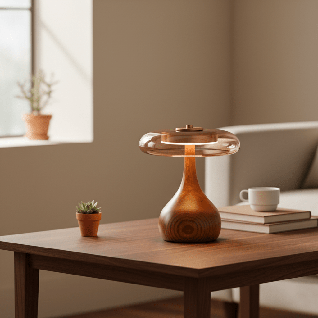 Vancorim | Japandi Curved Wood Amber Glass Table Lamp